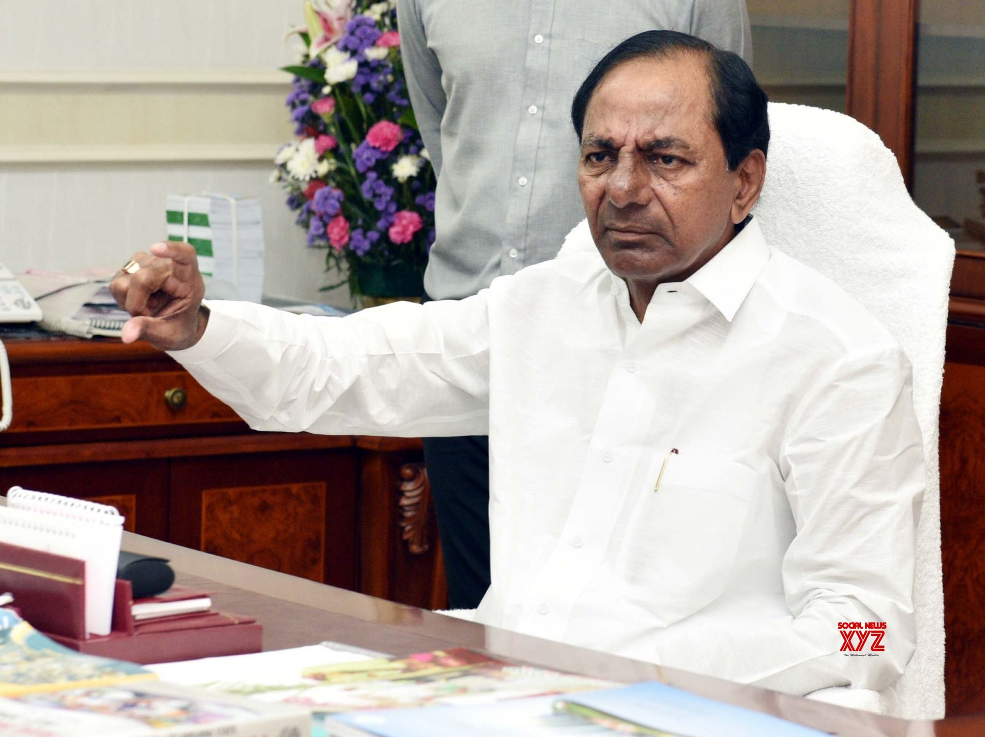 Hyderabad: Telangana Chief Minister K. Chandrasekhar Rao during a review meeting on Panchayat Act, in Hyderabad on Aug 9, 2018. (Photo: IANS)