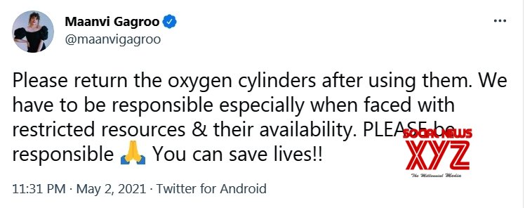 Maanvi Gagroo urges all to return oxygen cylinders after use Maanvi Gagroo urges all to return oxygen cylinders after use
