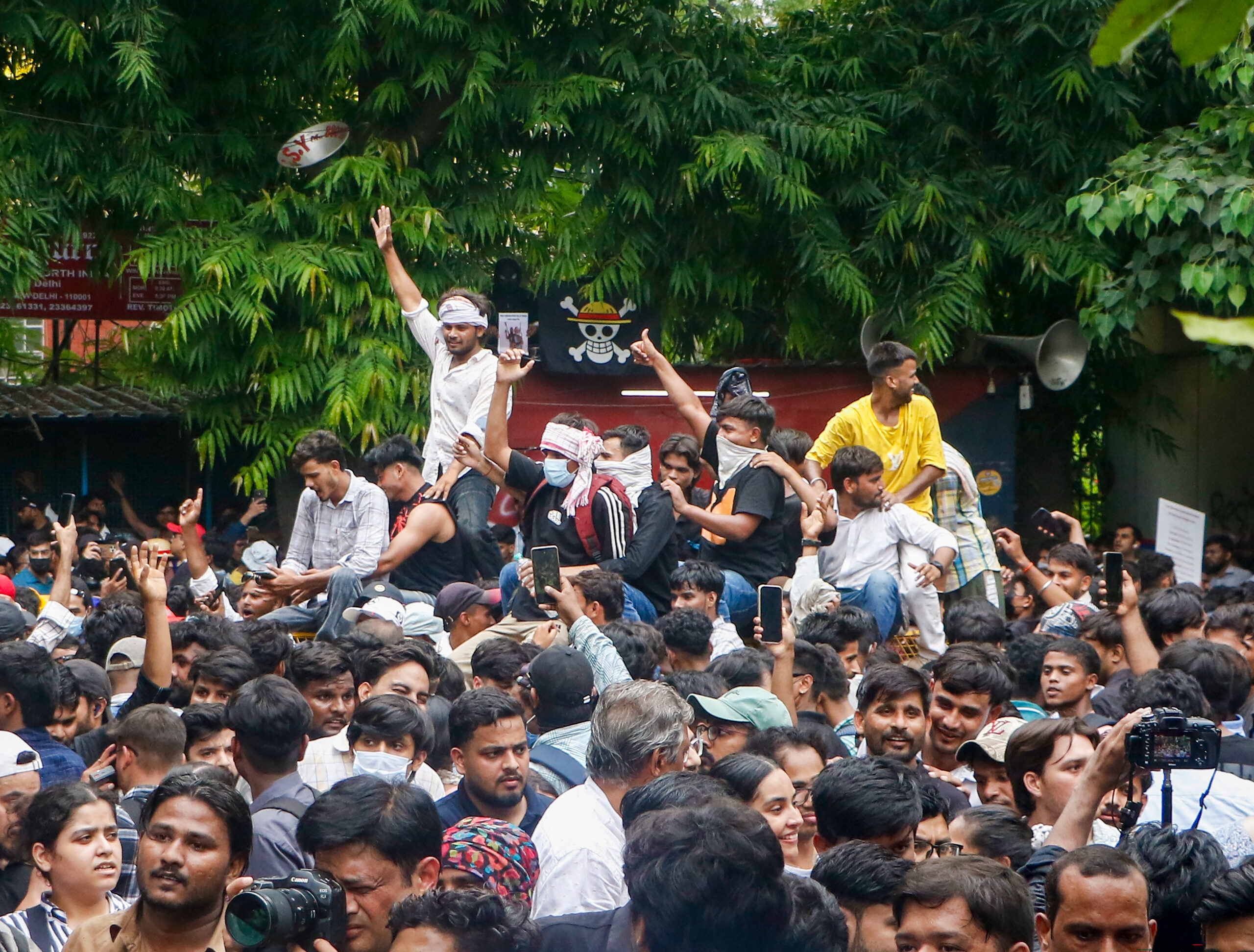 New Delhi: Supporters of the Cockroach Janta Party (CJP) celebrate following the resignation of Union Education Minister Dharmendra Pradhan at Jantar Mantar in New Delhi on Saturday, July 25, 2026. (Photo: Wasim Sarvar)