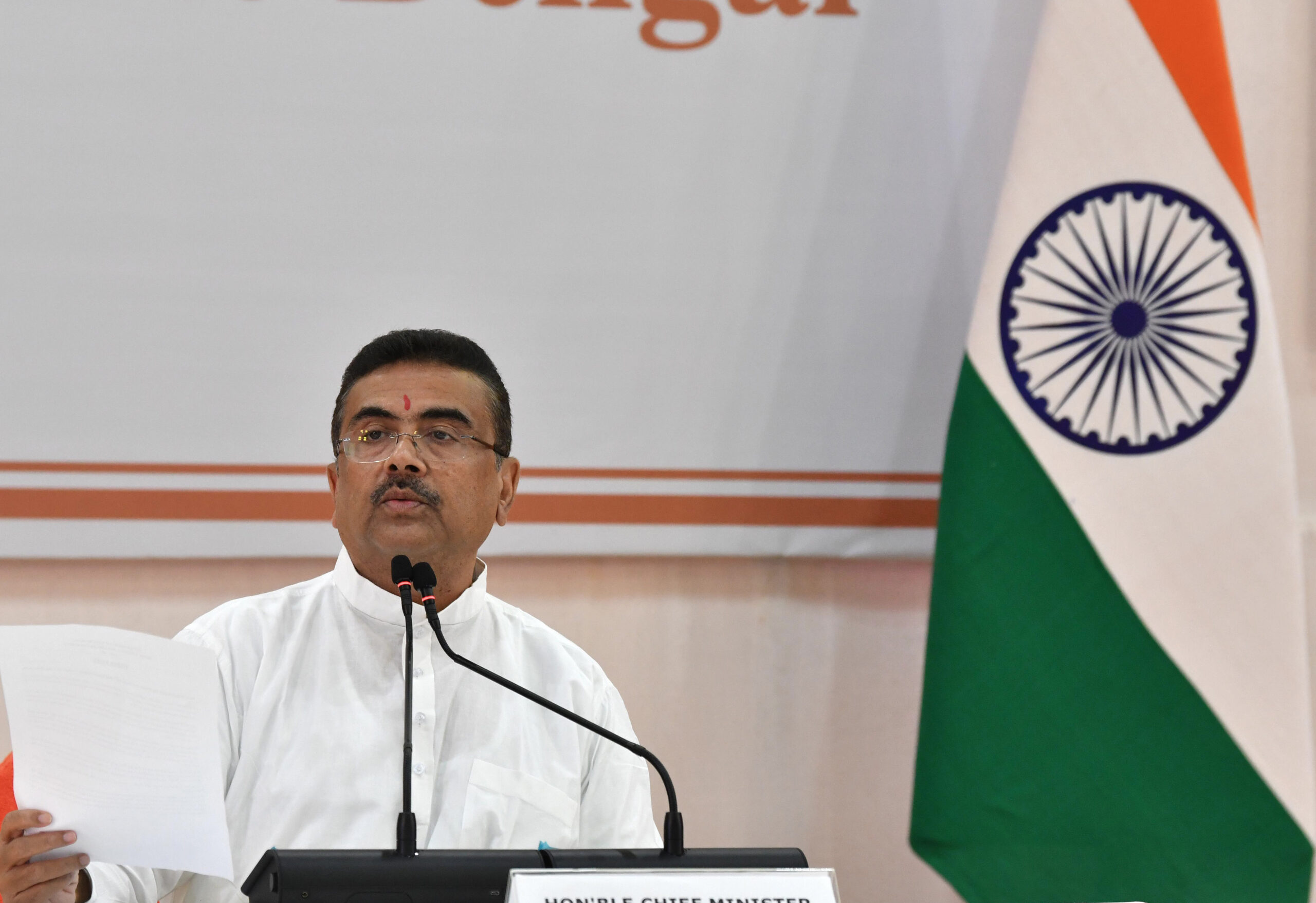Howrah: West Bengal Chief Minister Suvendu Adhikari addresses a press conference at Nabanna, in Howrah district of West Bengal on Sunday, August 16, 2026. (Photo: IANS/Kuntal Chakrabarty)