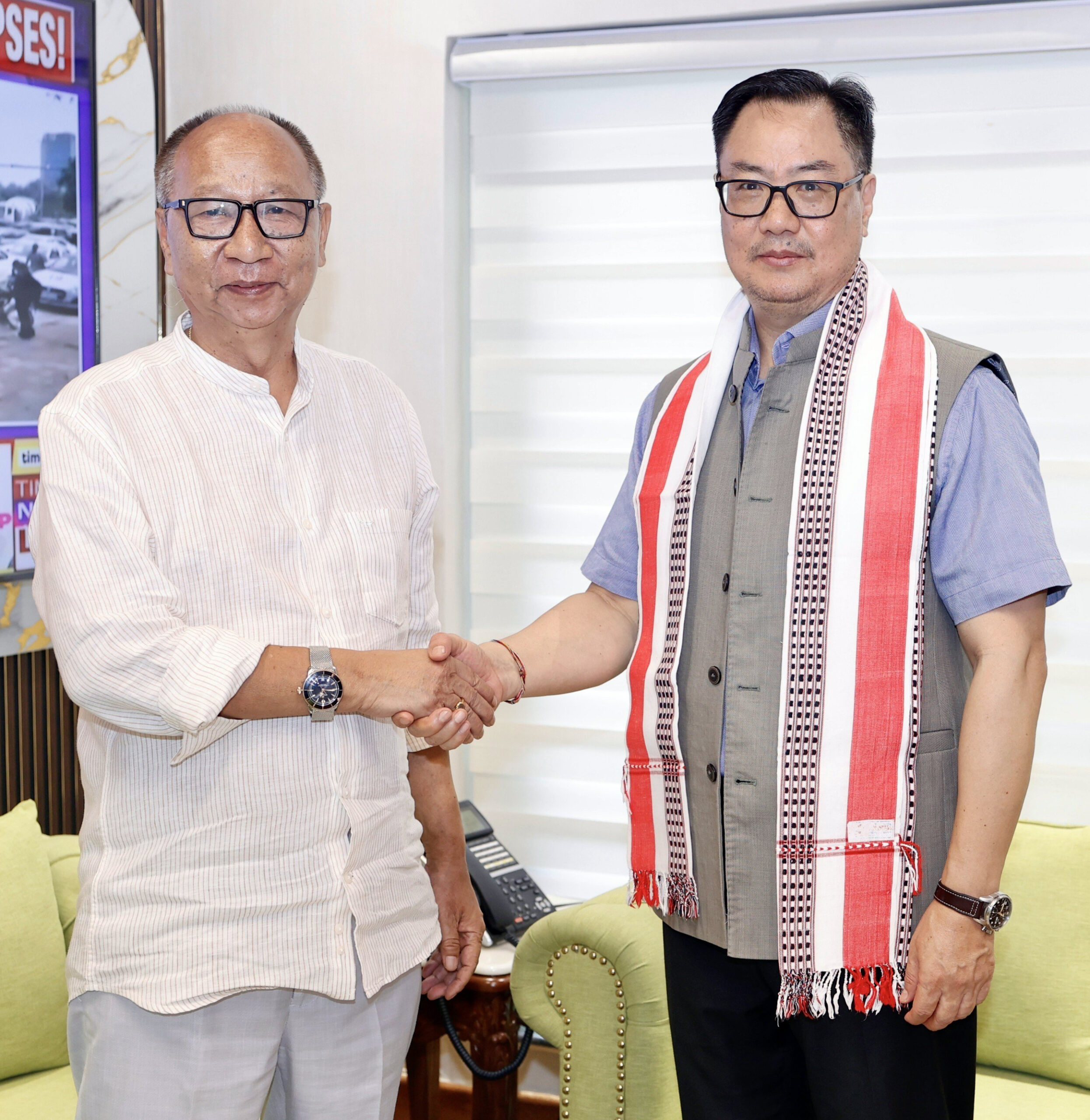 New Delhi: Union Minister Kiren Rijiju meets Manipur Chief Minister Yumnam Khemchand Singh in New Delhi on Wednesday, August 26, 2026. (Photo: IANS/X/@KirenRijiju)