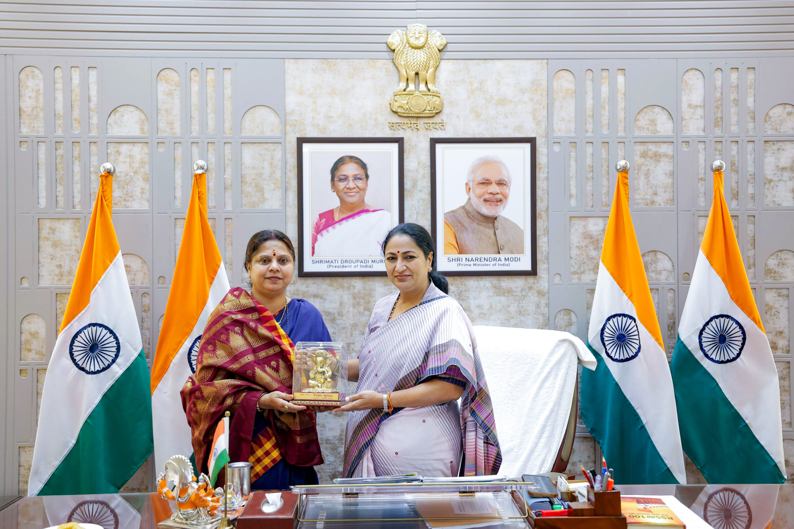 New Delhi: Delhi Chief Minister Rekha Gupta with newly appointed BJP Mahila Morcha National President Roop Kumari Choudhary during a meeting in New Delhi on Thursday, August 27, 2026. (Photo: IANS/X/@BJPMahilaMorcha)