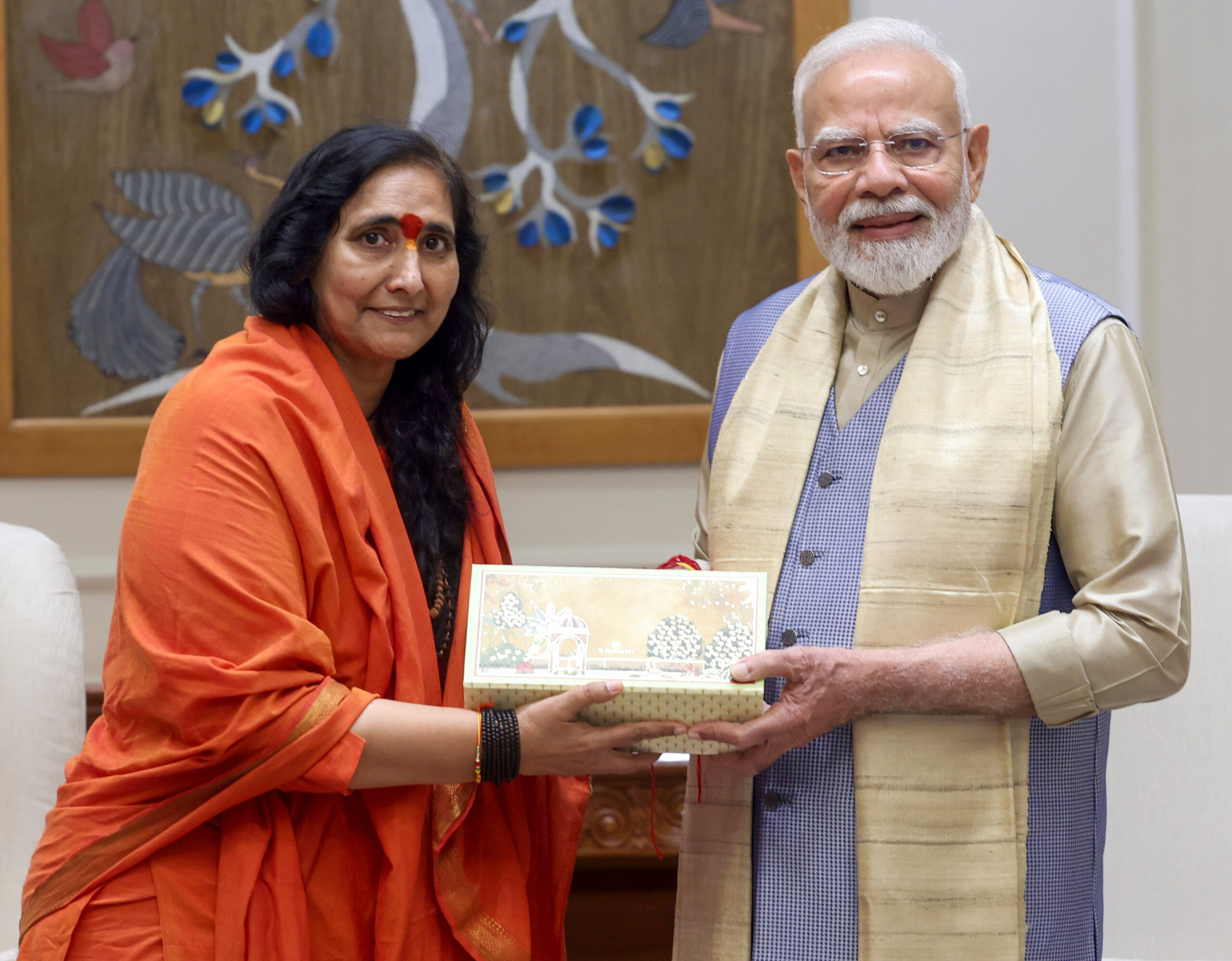 New Delhi: Param Shakti Peeth and Vatsalyagram Founder Sadhvi Ritambhara meets Prime Minister Narendra Modi, in New Delhi, on Friday, August 28, 2026. (Photo: IANS/X/@DidiRitambhara)