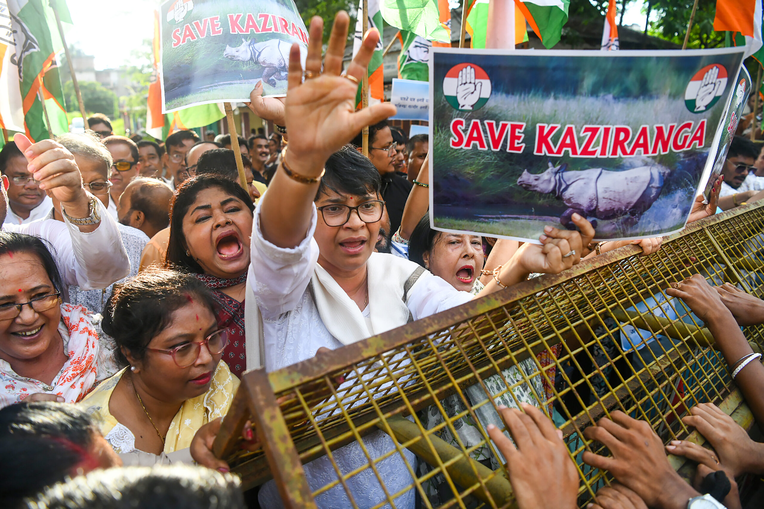 Guwahati: Members of the Assam Pradesh Congress Committee (APCC) stage a protest against the proposed reduction of the Eco-Sensitive Zone (ESZ) around Kaziranga National Park from 10 km to 1 km, alleging that the move could threaten wildlife corridors, forests, wetlands and biodiversity, in Guwahati on Saturday, August 29, 2026. (Photo: IANS)