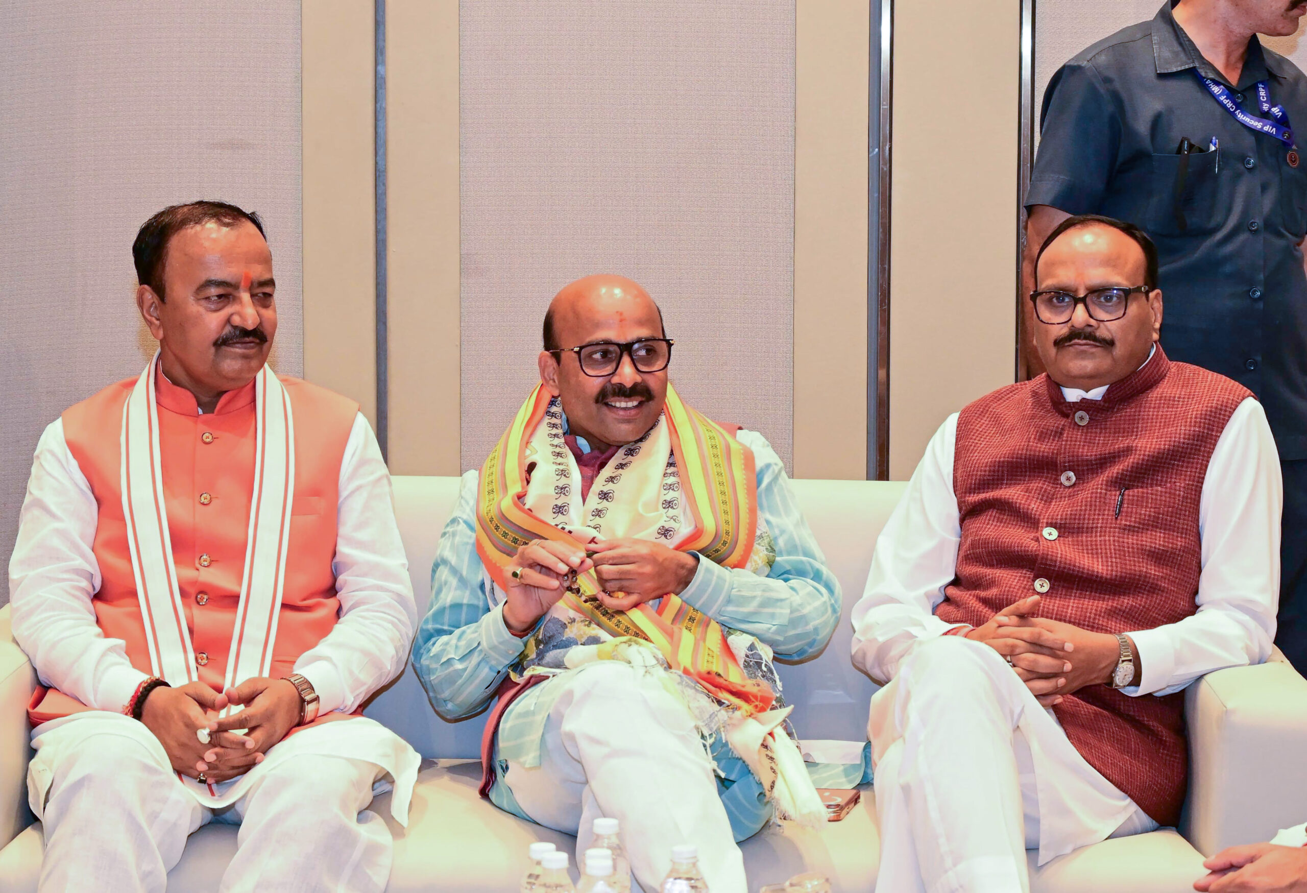Lucknow: Uttar Pradesh Deputy Chief Ministers Keshav Prasad Maurya and Brajesh Pathak meet newly appointed BJP National General Secretary Harish Dwivedi in Lucknow on Sunday, August 30, 2026. (Photo: IANS/X/@kpmaurya1)
