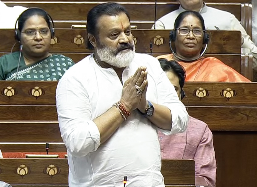 New Delhi: Union Minister of State for Petroleum and Natural Gas Suresh Gopi speaks in the Rajya Sabha during the Monsoon Session of Parliament in New Delhi on Wednesday, August 12, 2026. (Photo: IANS/Sansad TV)