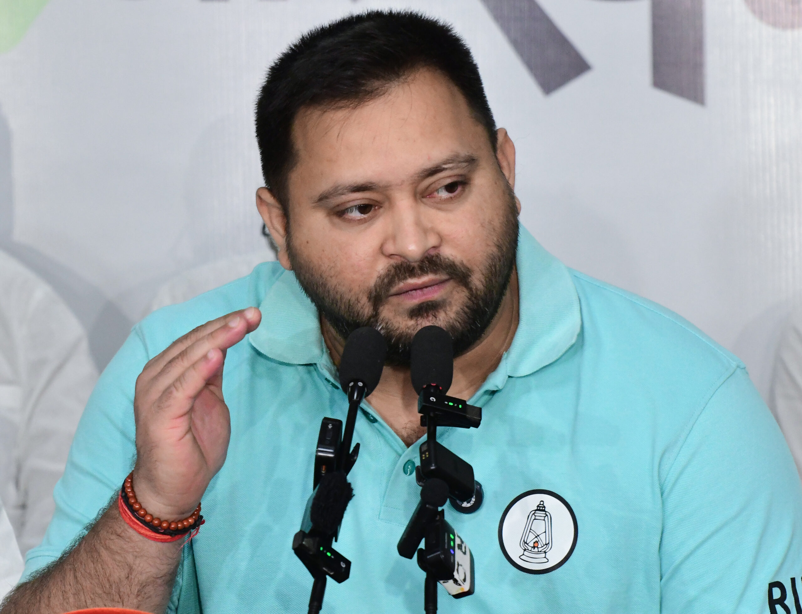 Patna: Rashtriya Janata Dal (RJD) leader and leader of the opposition in the Bihar Legislative Assembly Tejashwi Yadav addresses a press conference ahead of the party’s Lok Bhavan March in Patna, Bihar, on Tuesday, August 18, 2026. (Photo: IANS)
