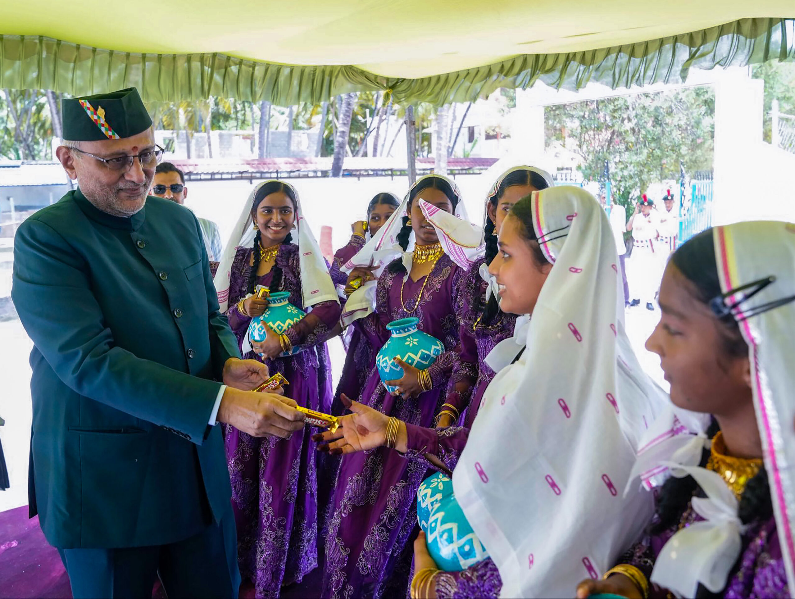 Agatti: Vice President C. P. Radhakrishnan receives a warm welcome from residents during his visit to the Lakshadweep Islands on Monday, August 31, 2026. (Photo: IANS/X/@VPIndia)