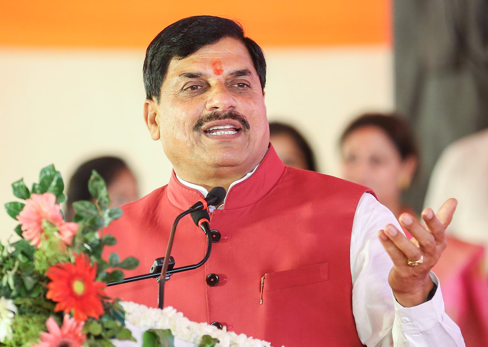 Mathura: Madhya Pradesh Chief Minister Mohan Yadav addresses during the inauguration of Jeevan Deep Ashram in Vrindavan, Mathura, on Tuesday, March 24, 2026. (Photo: IANS)