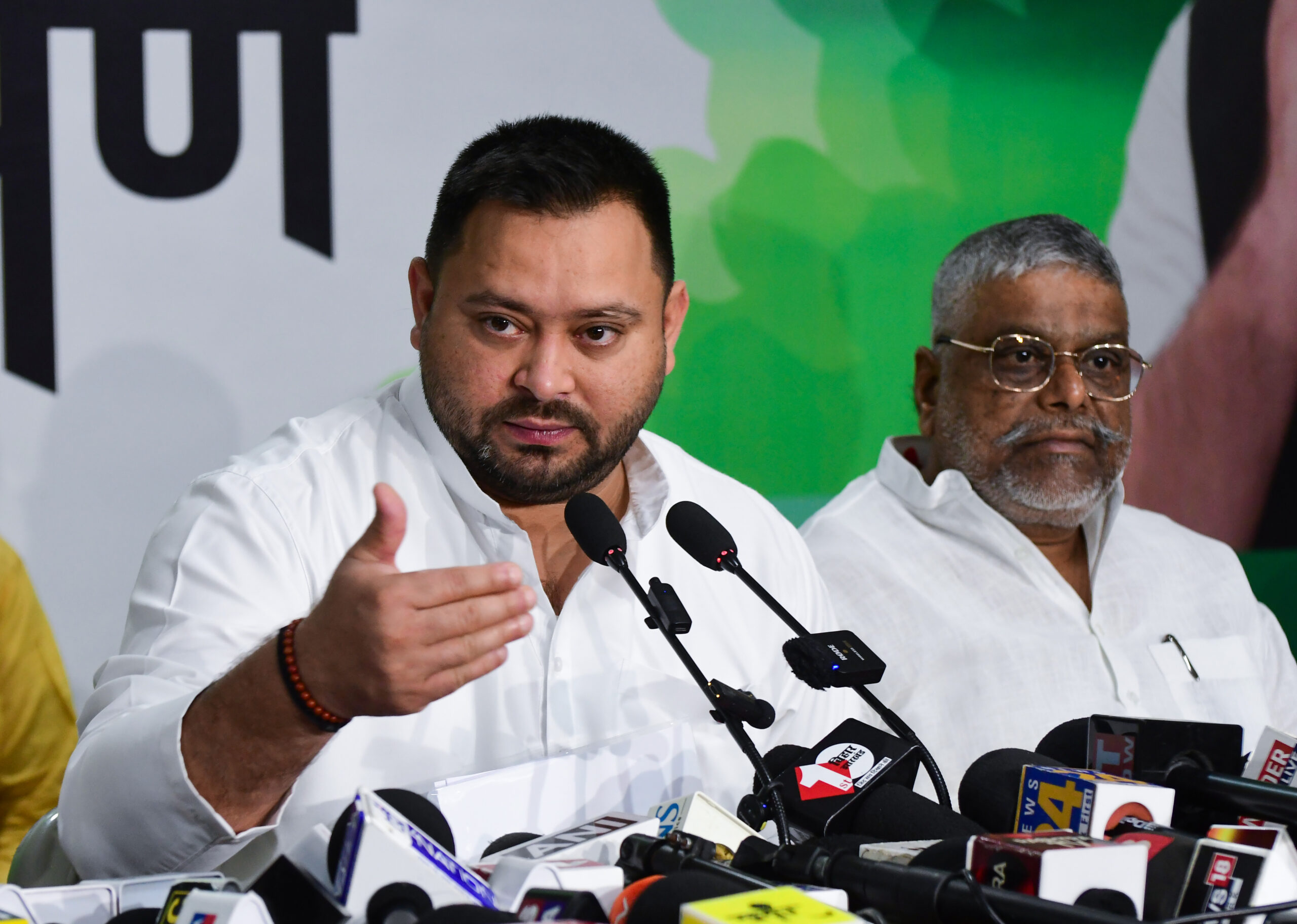 Patna: Rashtriya Janata Dal (RJD) leader and Leader of the Opposition in the Bihar Assembly Tejashwi Yadav addresses a press conference in Patna on Tuesday, September 1, 2026. (Photo: IANS)