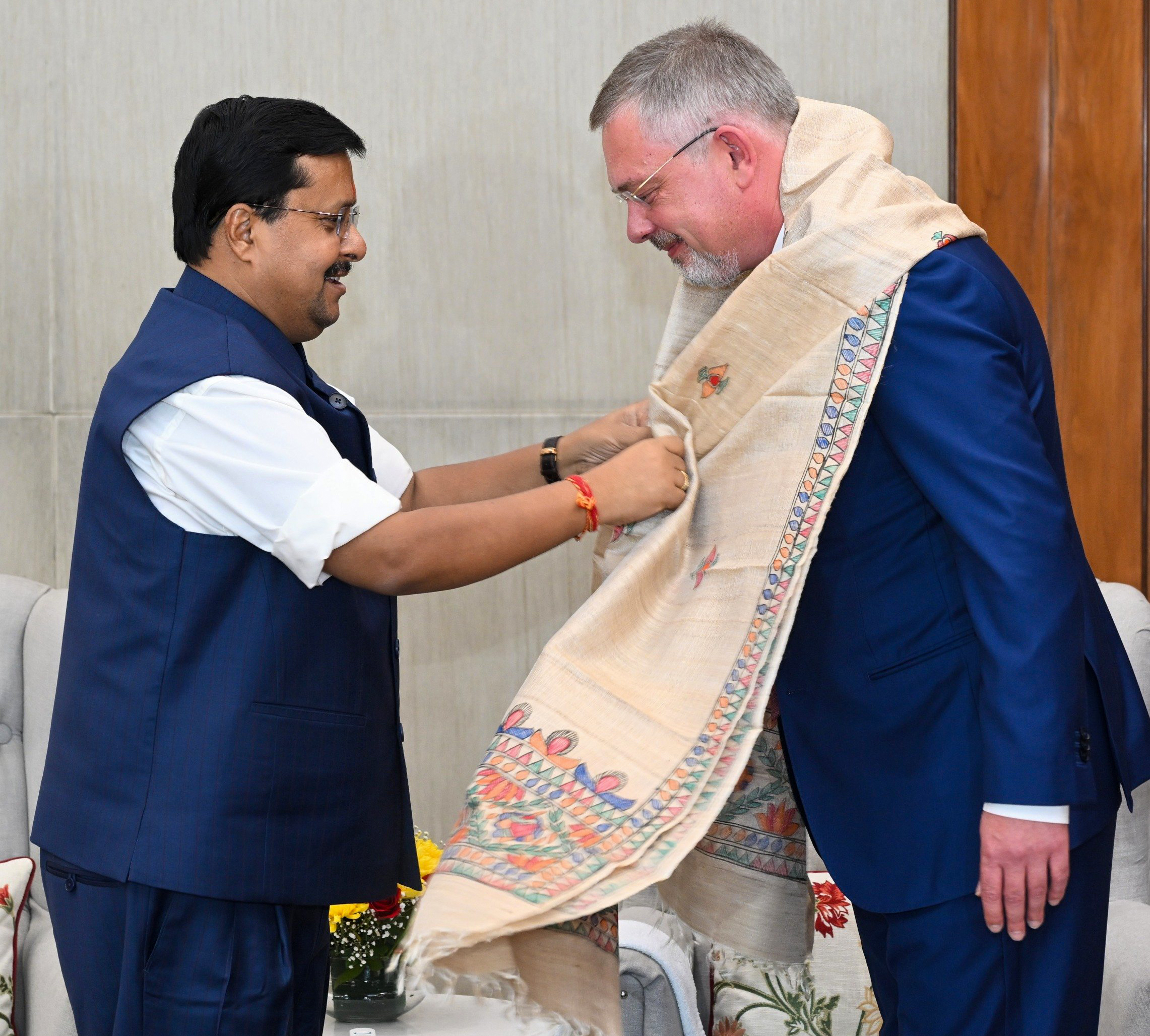 New Delhi: BJP National President Nitin Nabin meets Russian Ambassador to India Denis Alipov at the BJP headquarters in New Delhi on Tuesday, September 1, 2026. (Photo: IANS/X/@NitinNabin)