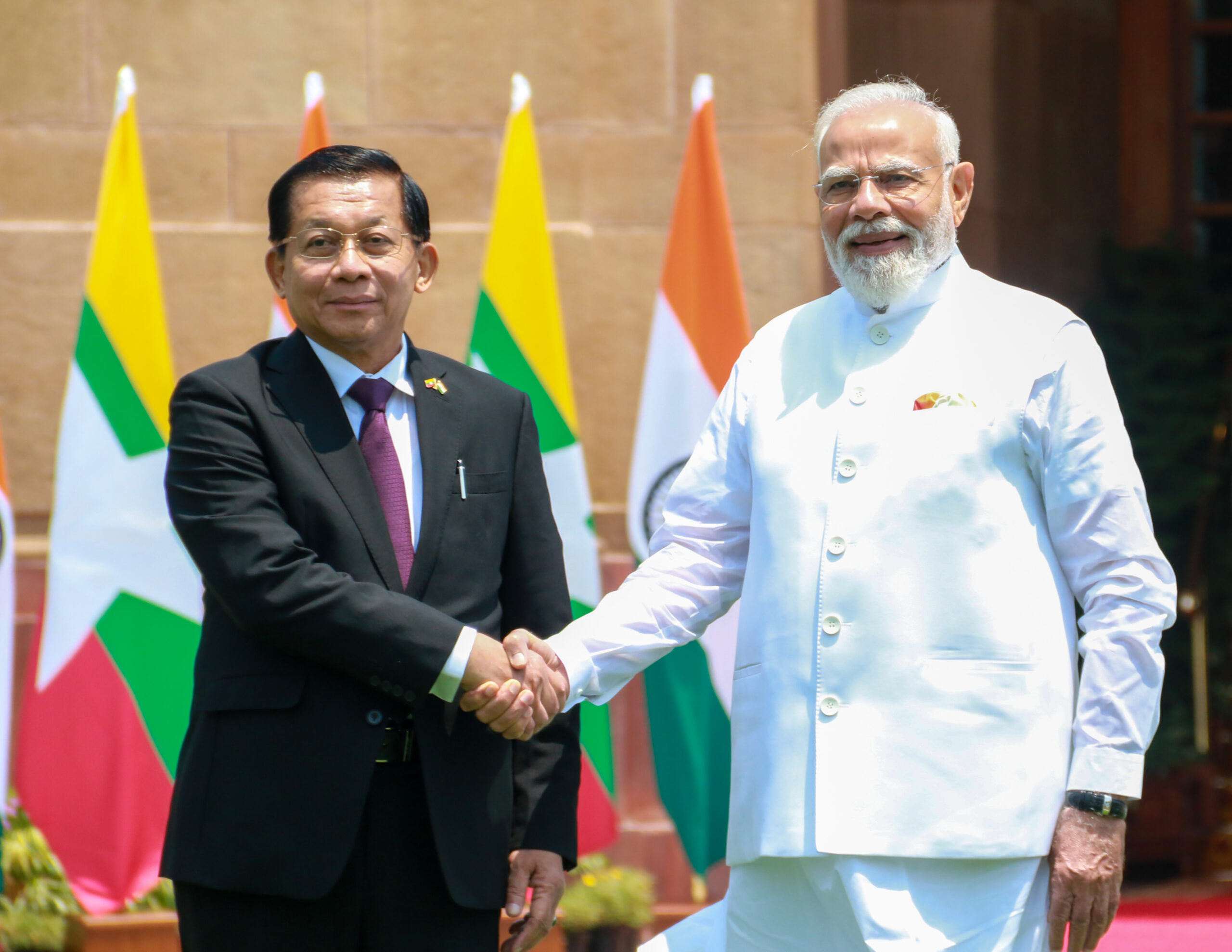New Delhi: Prime Minister Narendra Modi with Myanmar's President Min Aung Hlaing prior to their meeting at the Hyderabad House in New Delhi on Monday, June 1, 2026. (Photo: IANS/Qamar Sibtain)
