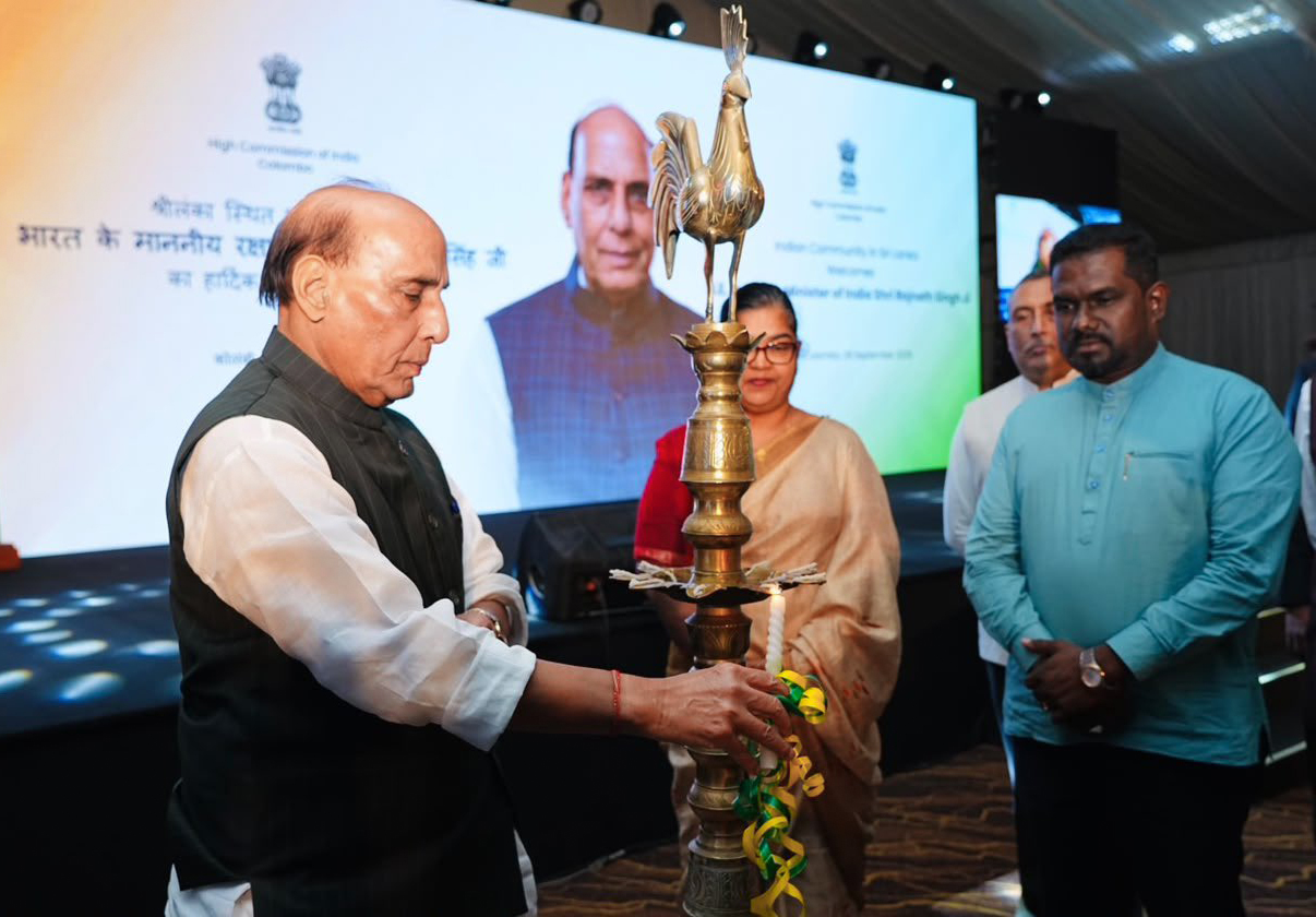 Colombo: Defence Minister Rajnath Singh lights a ceremonial lamp during his interaction with members of the Indian community in Colombo, Sri Lanka, on Tuesday, September 8, 2026. (Photo: IANS/X/@rajnathsingh)