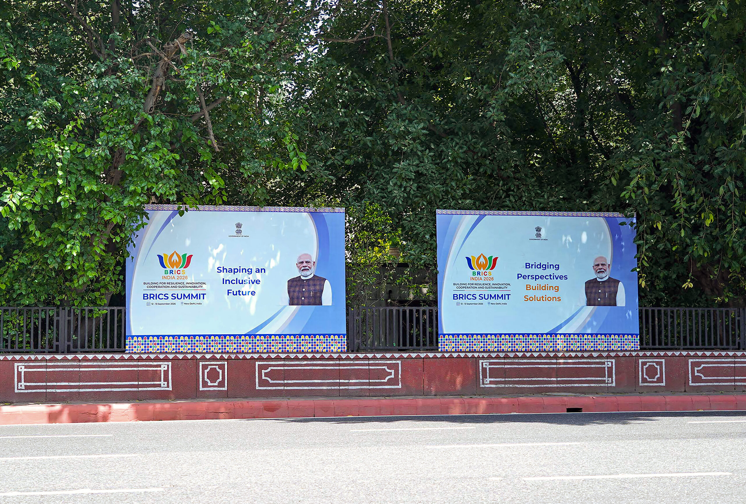 New Delhi: BRICS Summit banners being displayed outside the National Stadium ahead of the 18th BRICS Leaders' Summit scheduled to be held on September 12-13, in New Delhi on Wednesday, September 9, 2026. (Photo: IANS/PIB)