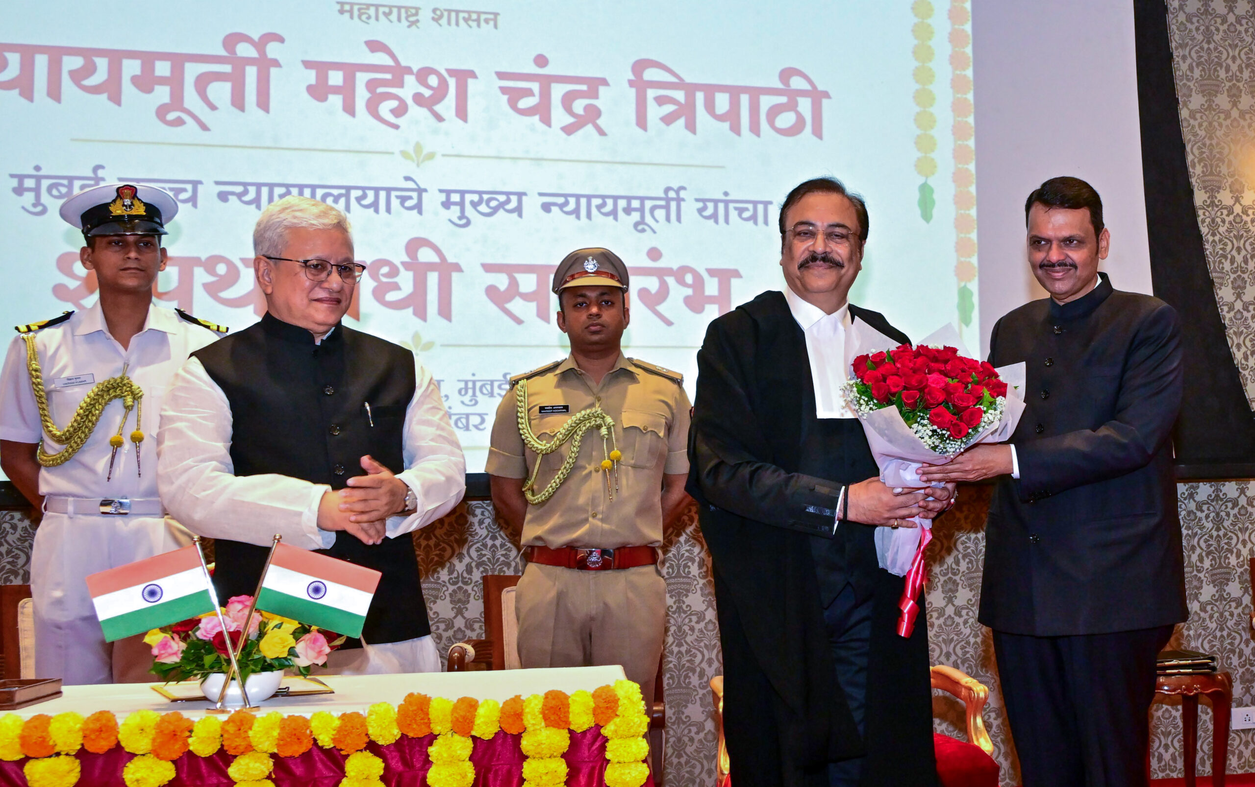 Mumbai: Justice Mahesh Chandra Tripathi meets Maharashtra Chief Minister Devendra Fadnavis after taking the oath as the Chief Justice of the Bombay High Court in the presence of Maharashtra Governor Jishnu Dev Varma during his swearing-in ceremony in Mumbai, Wednesday, September 09, 2026. (Photo: IANS/X/@CMOMaharashtra)