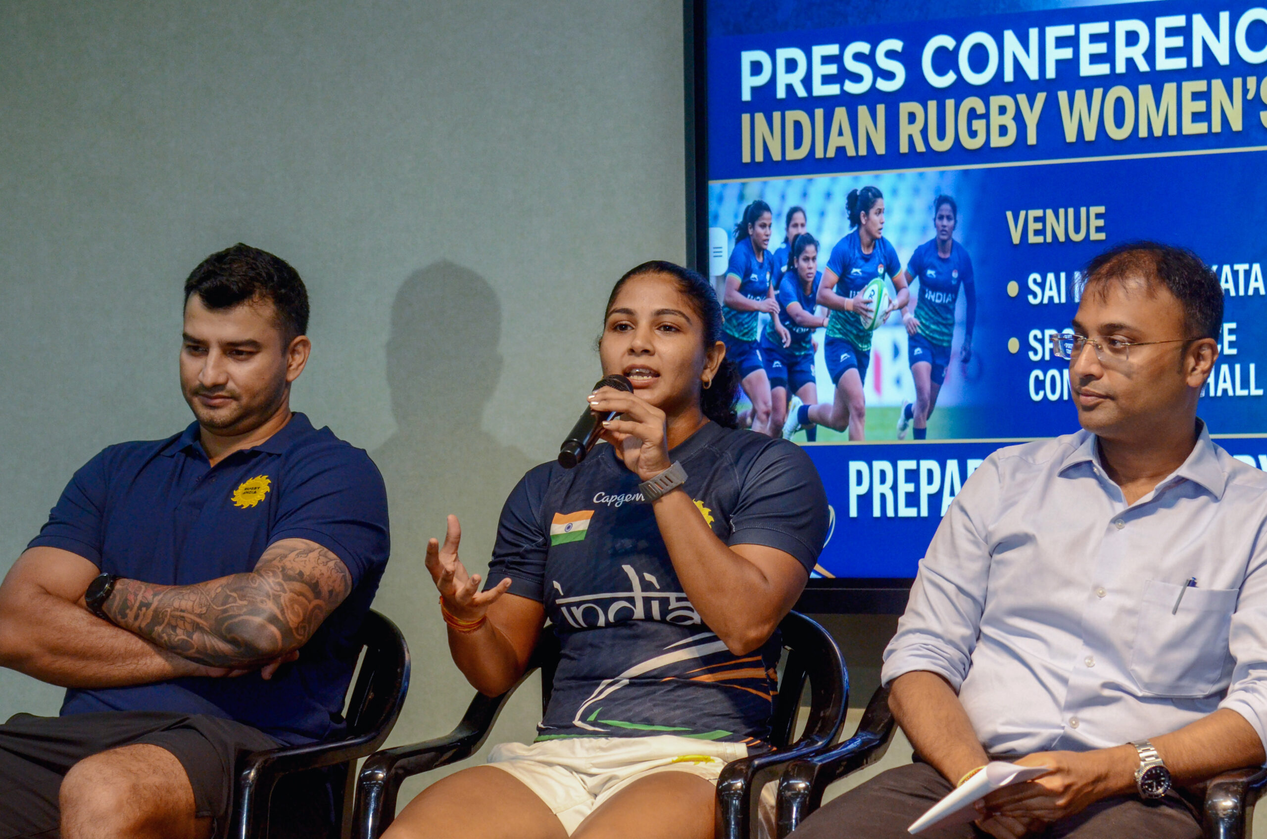 Kolkata: Womens rugby team captain Shikha Yadav, along with coach Terence Joseph and SAI Kolkata Regional Director Sibananda Mishra, address during a press conference at the SAI Complex in Kolkata on Wednesday, September 9, 2026. (Photo: IANS/Kuntal Chakrabarty)