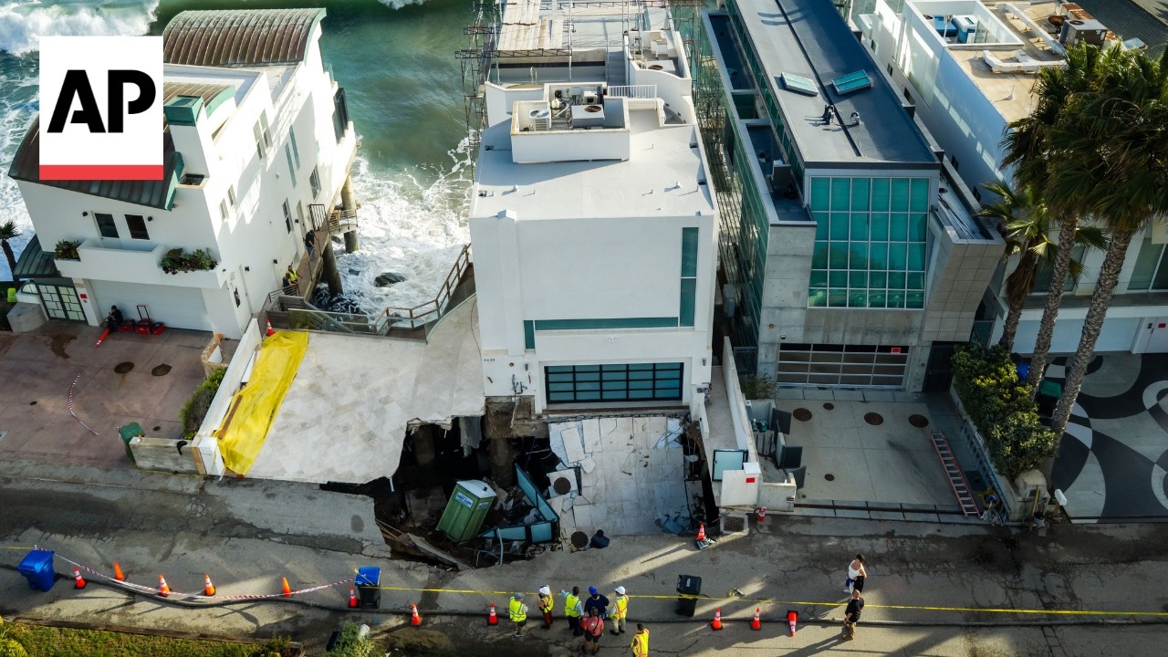 Aerials show collapsed driveway of Nicolas Cage's beachfront home in Malibu (Video)