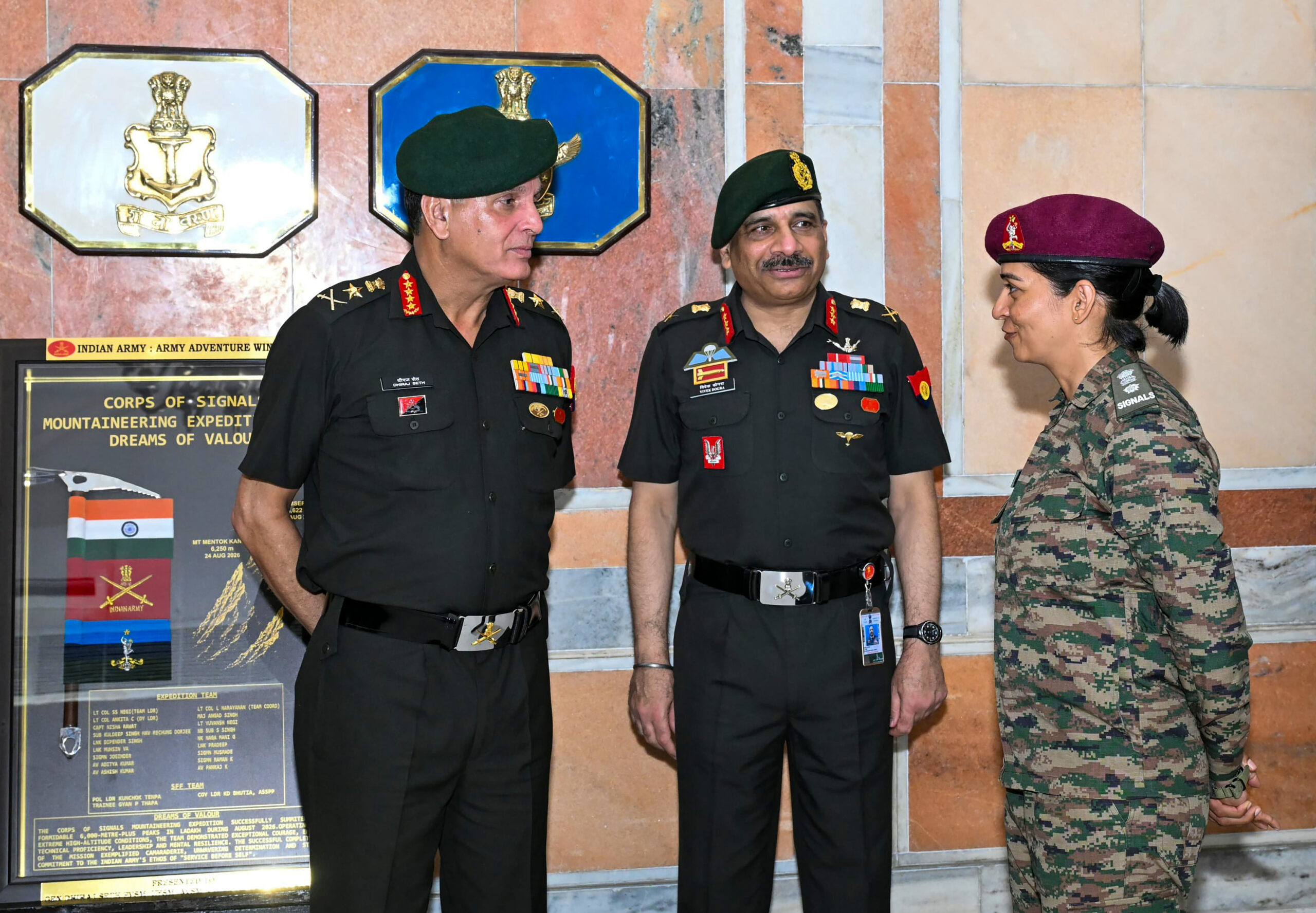 Ladakh: Chief of Army Staff General Dhiraj Seth interacts with the Corps of Signals Mountaineering Team after its successful summit of Mount Kiagar Ri, Mount Mentok Kangri and Mount Chamser Kangri in Ladakh on Thursday, September 10, 2026. (Photo: IANS)