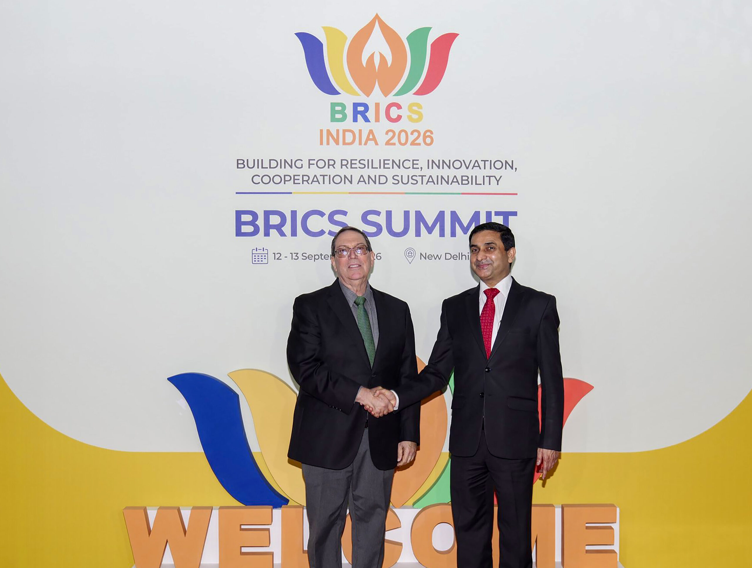 New Delhi: Cuban Foreign Minister Bruno Rodriguez Parrilla is welcomed upon his arrival to attend the 18th BRICS Summit in New Delhi on Friday, September 11, 2026. (Photo: IANS/X/@MEAIndia)