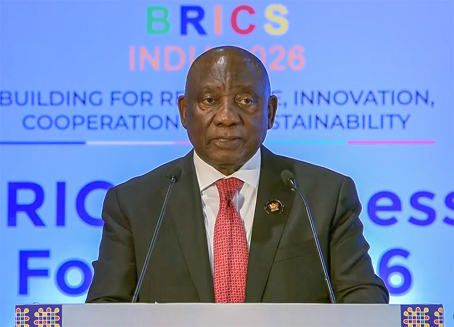 New Delhi: President of South Africa Cyril Ramaphosa speaks during the BRICS Business Forum 2026 at Bharat Mandapam in New Delhi, Friday, September 11, 2026. (Photo: IANS/Video Grab)