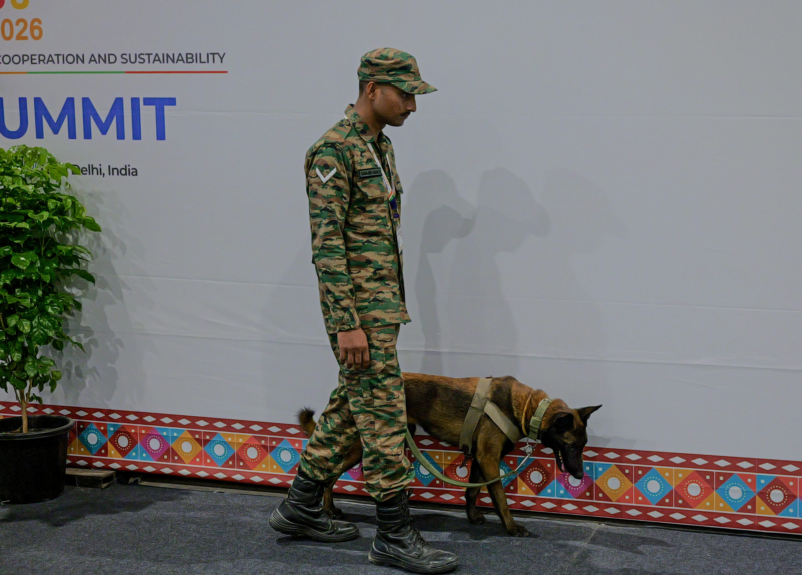 New Delhi: Security personnel with a sniffer dog conduct checks at Bharat Mandapam during the 18th BRICS Leaders Summit 2026 in New Delhi on Saturday, September 12, 2026. (Photo: IANS/Deepak Kumar)