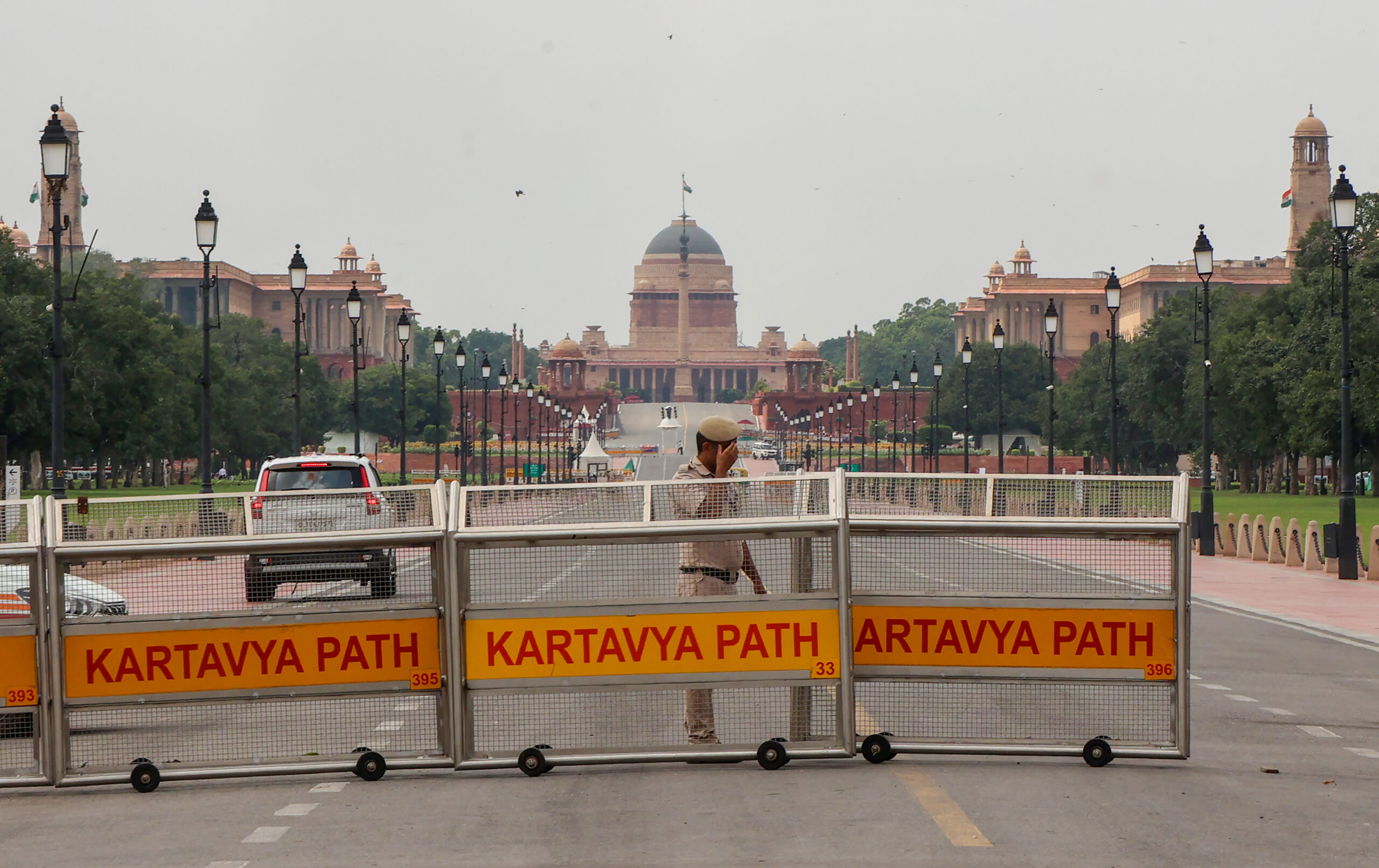 New Delhi: Security barricades set up across the Kartavya Path, with Rashtrapati Bhavan visible in the background during the 18th BRICS Summit in New Delhi, on Saturday, September 12, 2026. (IANS/Prem Nath Pandey)