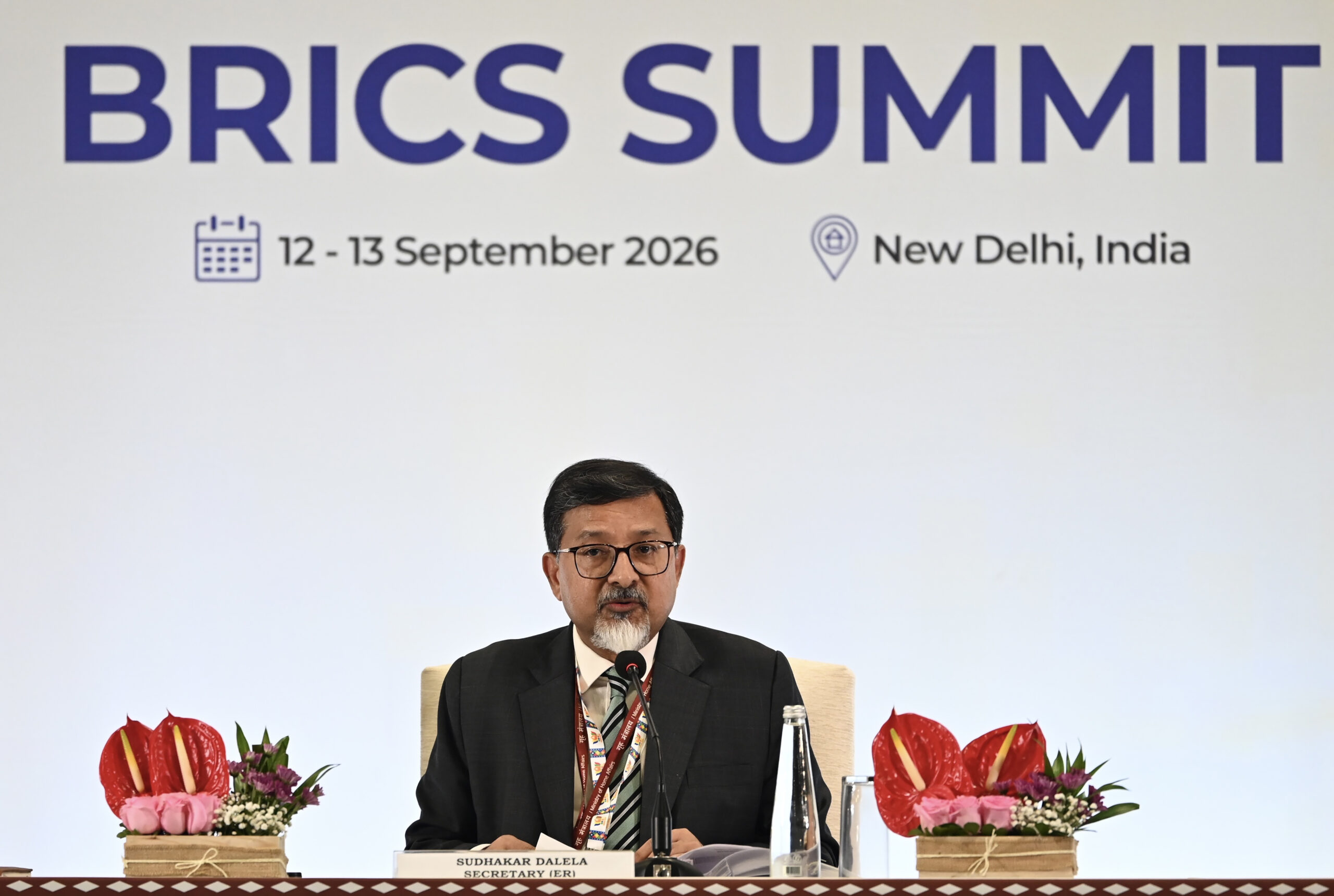 New Delhi: Secretary (Economic Relations), Ministry of External Affairs, and India's BRICS Sherpa Sudhakar Dalela addresses a media briefing during the 18th BRICS Summit in New Delhi on Saturday, September 12, 2026. (Photo: IANS/Deepak Kumar)