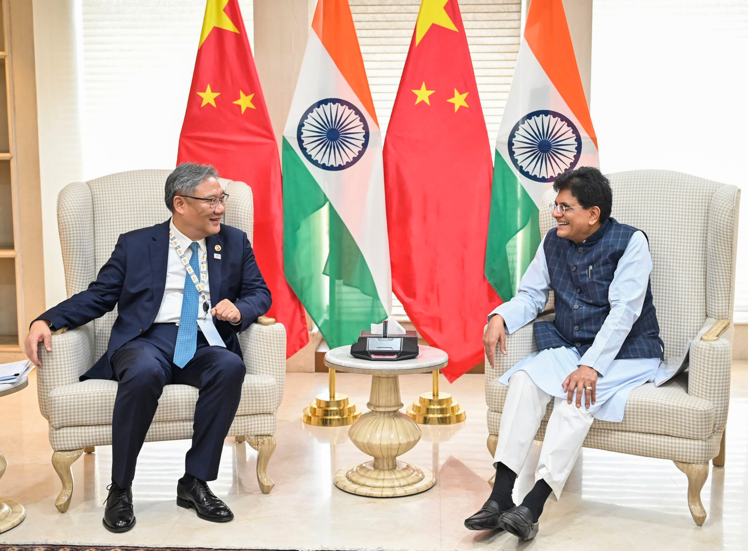 New Delhi: Union Minister for Commerce and Industry Piyush Goyal with Minister of Commerce of the Peoples Republic of China Wang Wentao during a meeting on the sidelines of the 18th BRICS Summit in New Delhi on Saturday, September 12, 2026. (Photo: IANS/X/@PiyushGoyal)