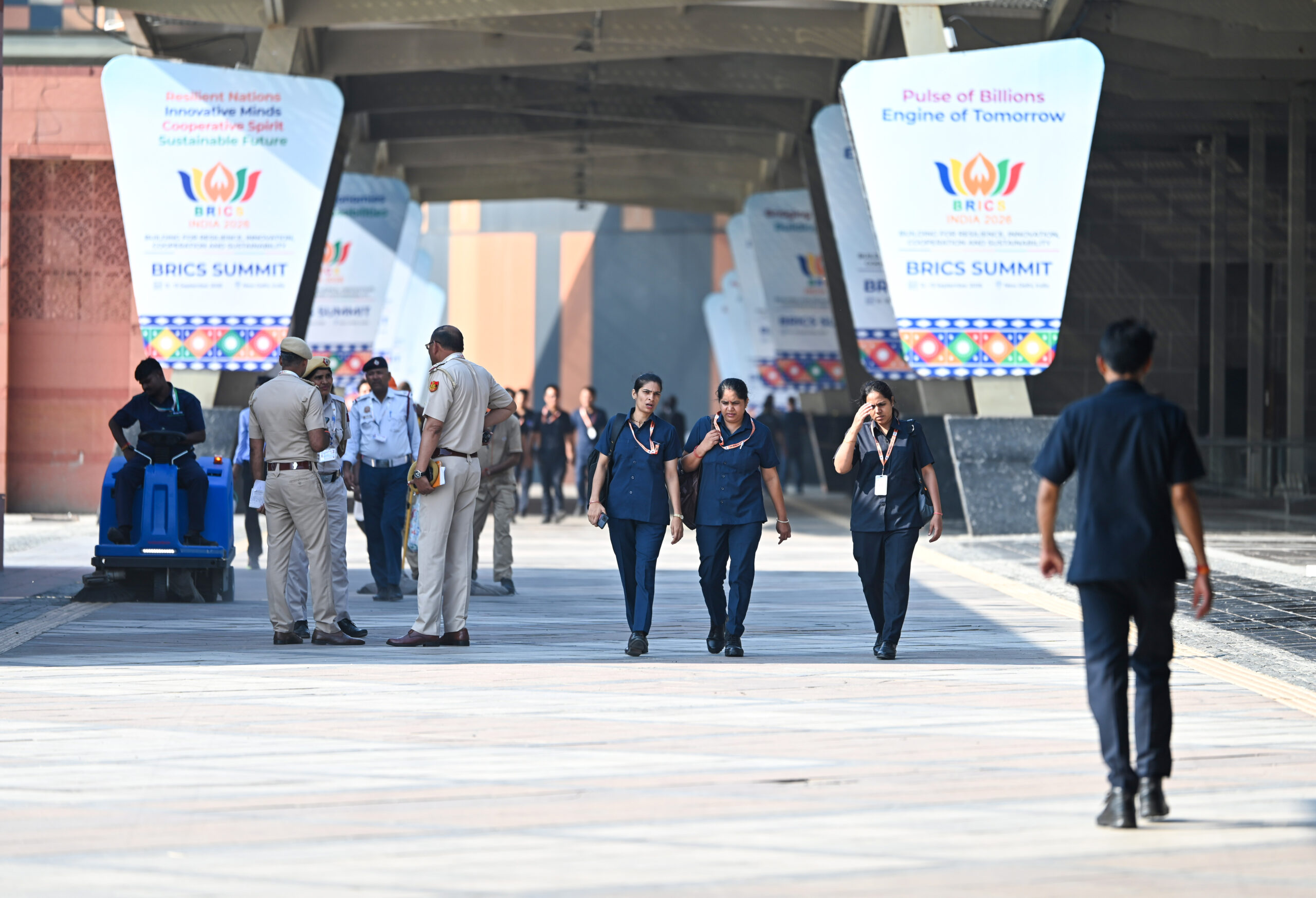 New Delhi: Security officials at Bharat Mandapam during the 18th BRICS Summit in New Delhi on Sunday, September 13, 2026. (Photo: IANS/Deepak Kumar)