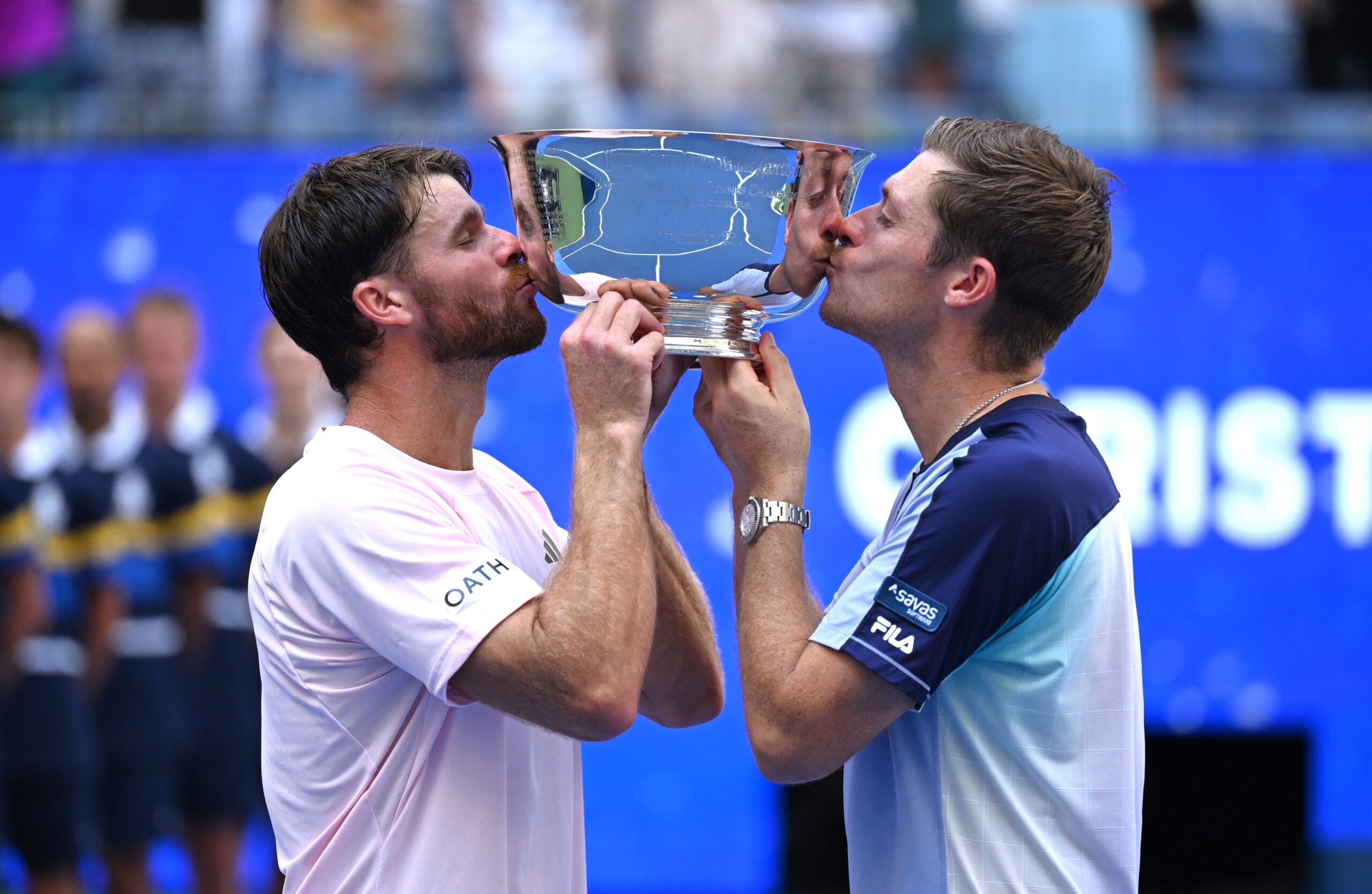 New York: Christian Harrison (L)/Neal Skupski kiss the trophy during the awarding ceremony after the men's doubles final match between Christian Harrison (the United States)/Neal Skupski (Britain) and Kevin Krawietz/Tim Puetz of Germany at the 2026 US Open tennis championships in New York, the United States, Sept. 12, 2026. (Photo: Xinhua via IANS)