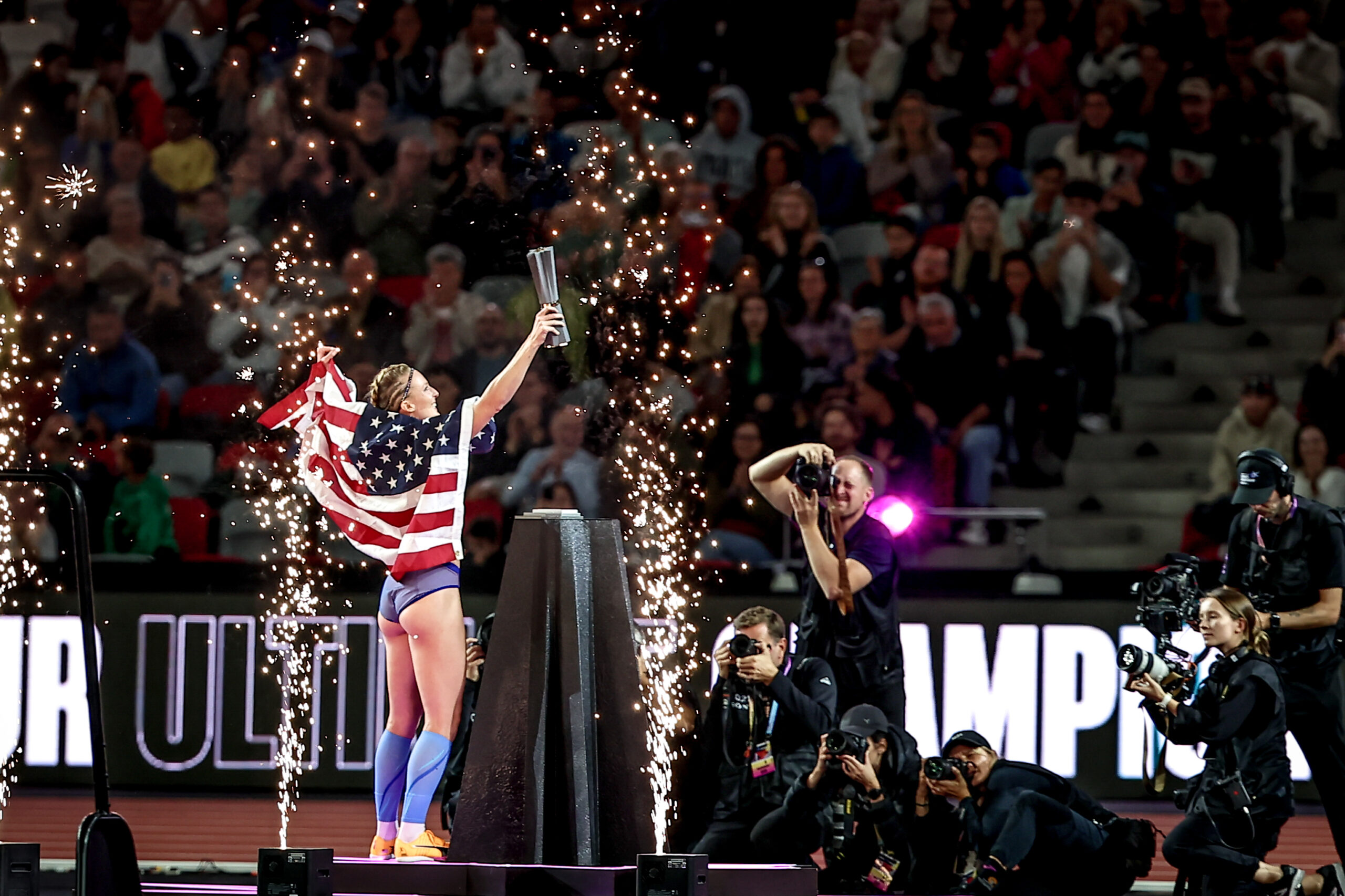 Budapest:Sandi Morris of the United States reacts during the awarding ceremony of the women's pole vault competition at the World Athletics Ultimate Championship in Budapest, Hungary, Sept. 12, 2026. (Xinhua via IANS)