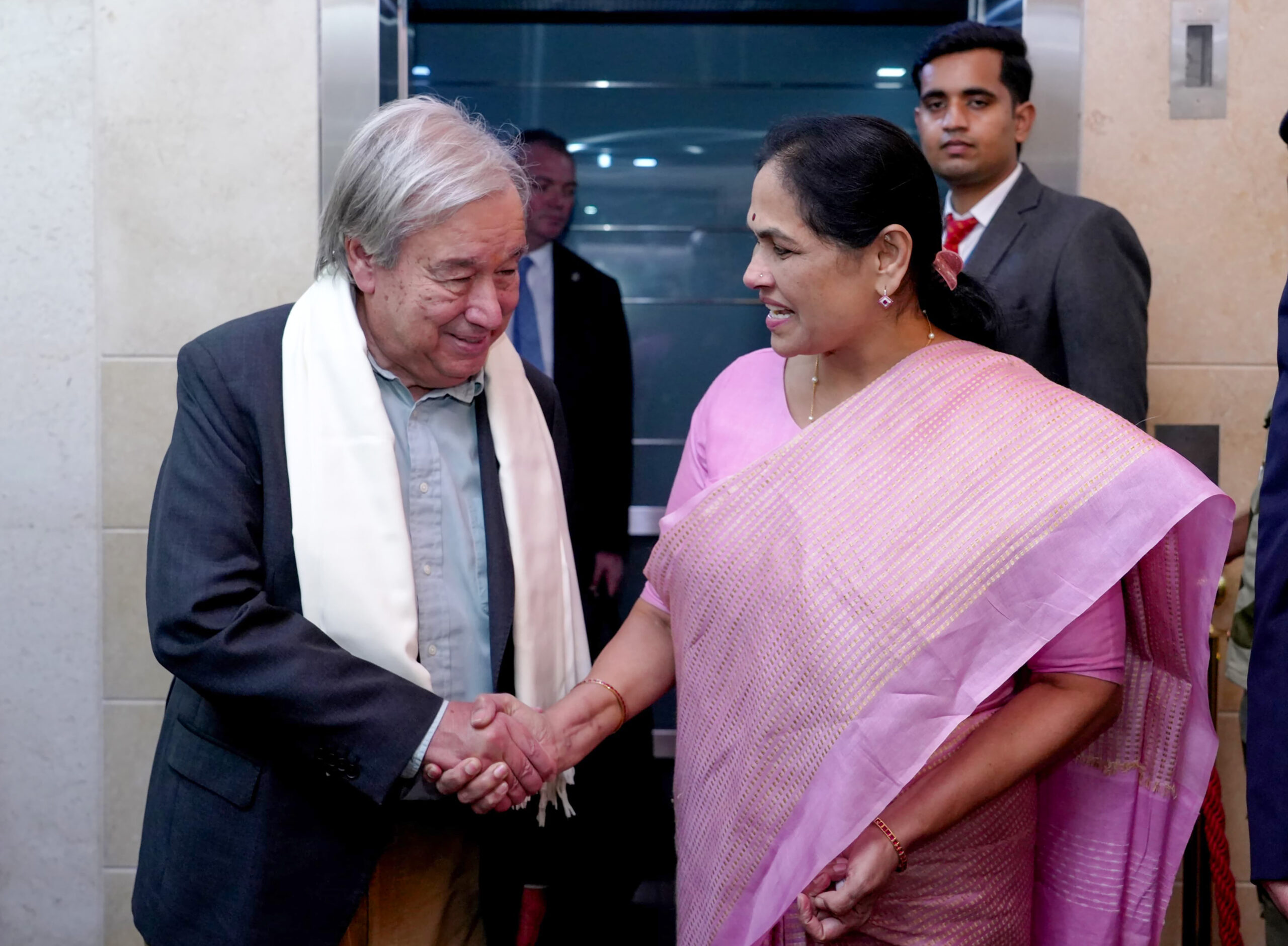 New Delhi: Union Minister Shobha Karandlaje bids farewell to United Nations Secretary-General António Guterres as he departs from New Delhi after participating in the 18th BRICS Summit on Sunday, September 13, 2026. (Photo: IANS/MEA)
