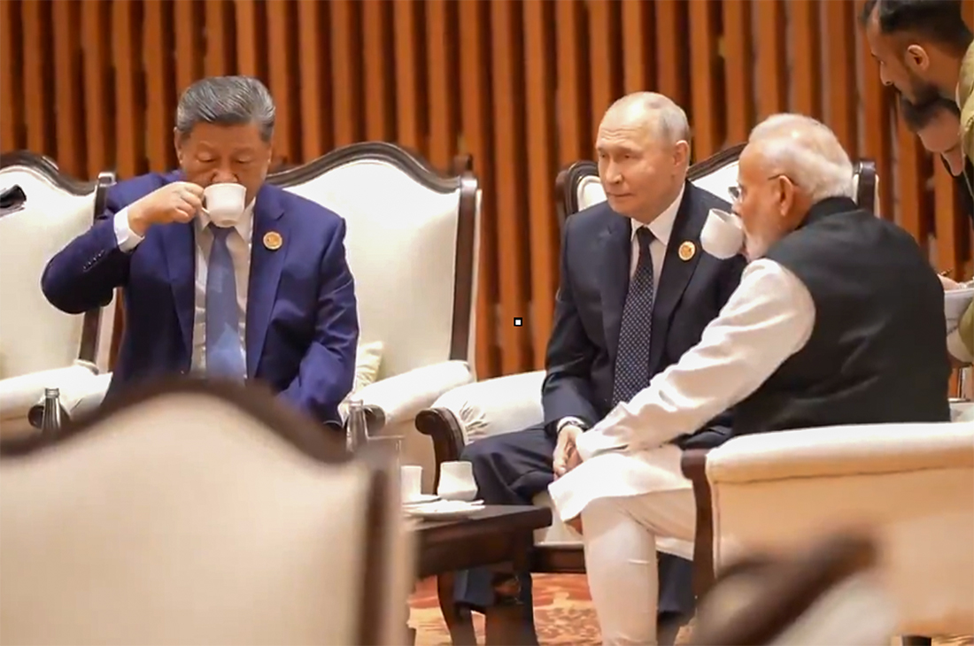 New Delhi: Prime Minister Narendra Modi with Russian President Vladimir Putin and Chinese President Xi Jinping during the 18th BRICS Summit at Bharat Mandapam in New Delhi on Sunday, September 13, 2026. (Photo: IANS/Video Grab)