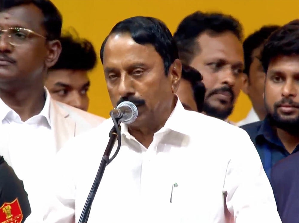 Chennai: Tamilaga Vettri Kazhagam (TVK) leader K. A. Sengottaiyan takes an oath as a cabinet minister in the Tamil Nadu government during the swearing-in ceremony in Chennai on Sunday, May 10, 2026. (Photo: IANS/Video Grab)