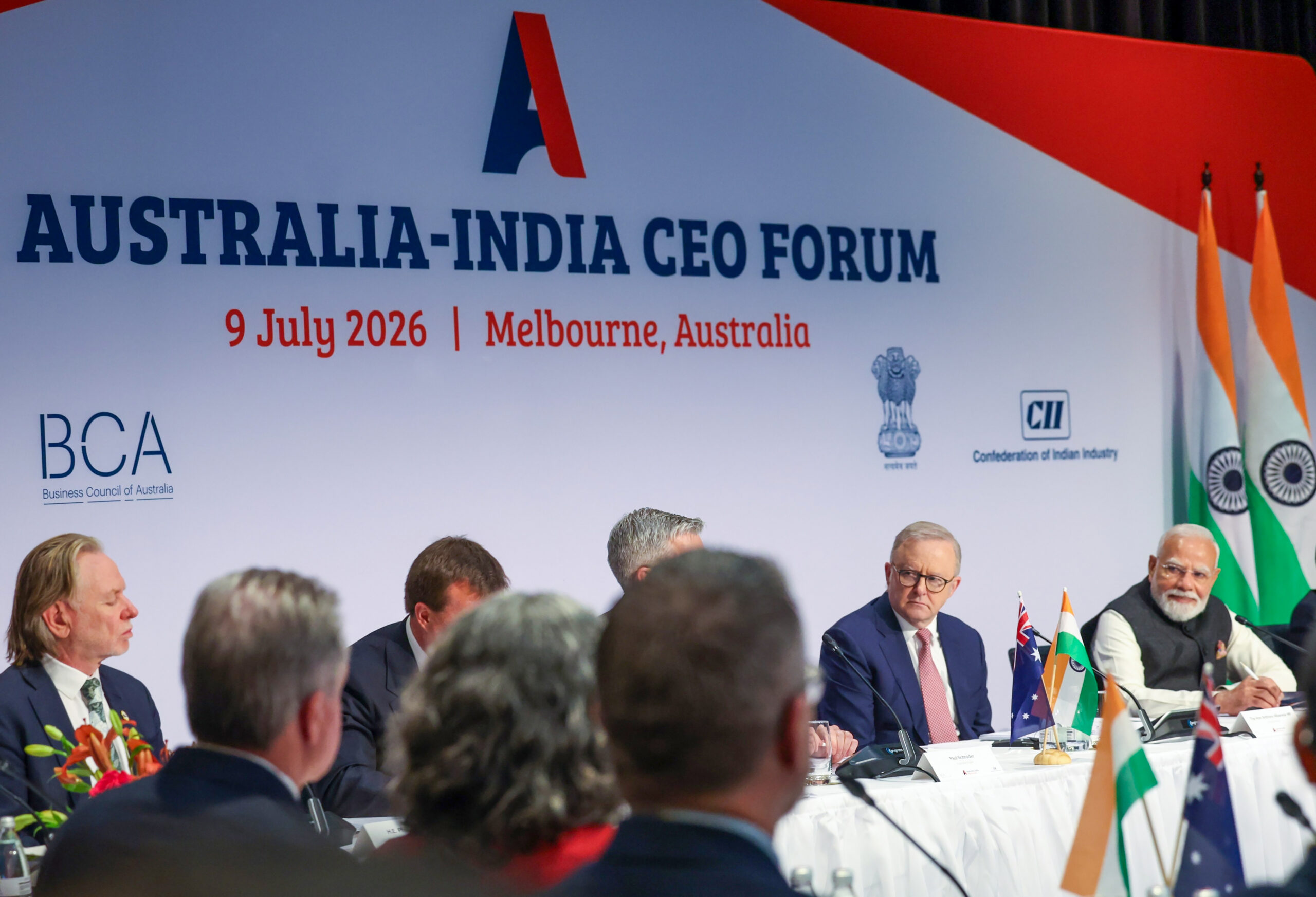 Melbourne: Prime Minister Narendra Modi with Australian Prime Minister Anthony Albanese during the India-Australia CEO Forum in Melbourne, Australia, on Thursday, July 9, 2026. (Photo: IANS/PMO)