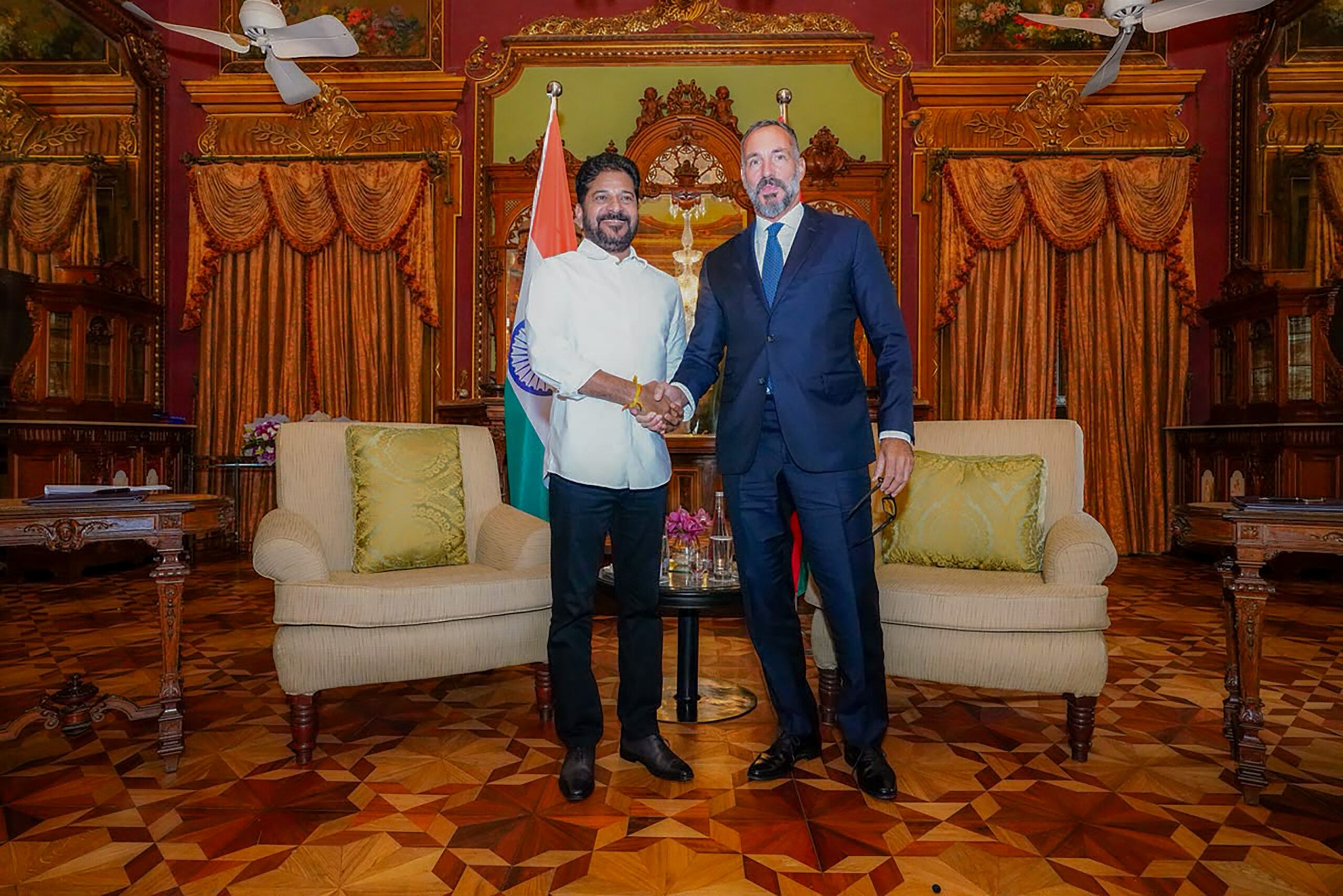 Hyderabad: Telangana Chief Minister Revanth Reddy meets Prince Rahim Aga Khan V, the 50th Hereditary Imam of the Shia Ismaili Muslims, at Taj Falaknuma Palace, in Hyderabad, Telangana, on Tuesday, September 15, 2026. (Photo: IANS)