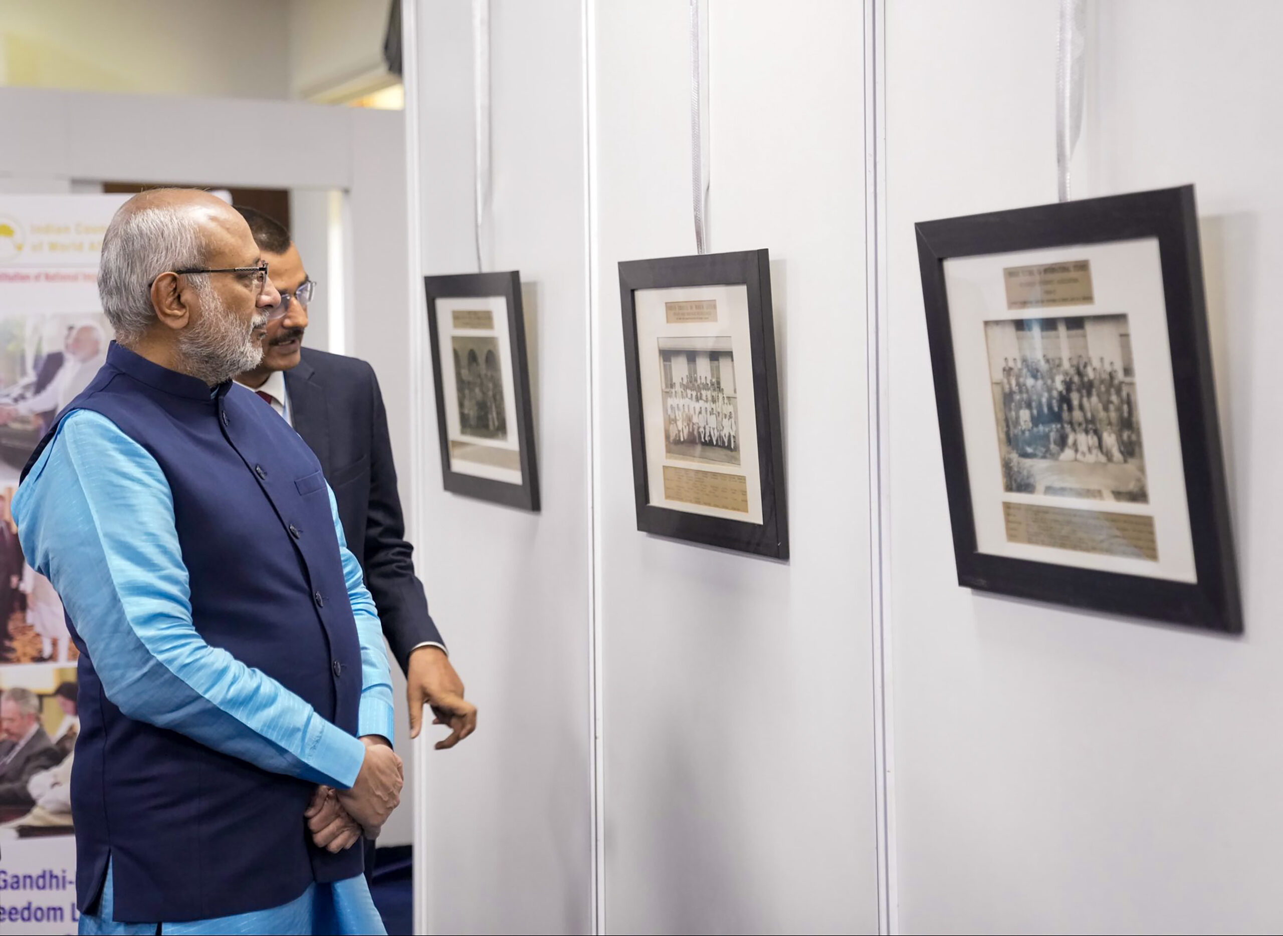 New Delhi: Vice President C.P. Radhakrishnan visits a photo exhibition showcasing the journey and evolution of the Indian Council of World Affairs (ICWA) and presents mementos to former Directors General in recognition of their contributions to the Council at Sapru House in New Delhi on Tuesday, September 15, 2026. (Photo: IANS/X/@CPR_VP)