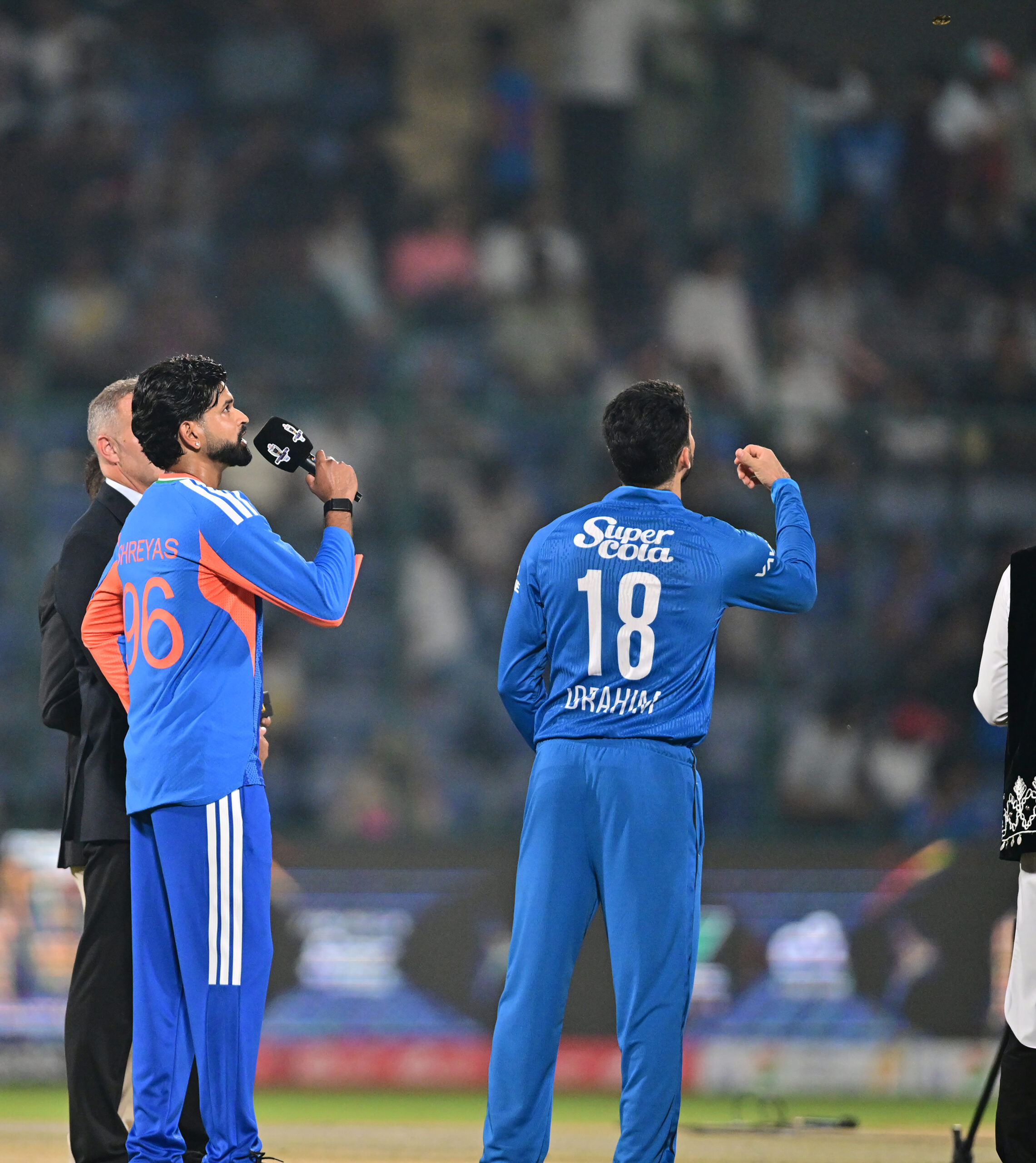 New Delhi: India's captain Shreyas Iyer and Afghanistan's captain Ibrahim Zadran at the toss before the second T20I match between India and Afghanistan at Arun Jaitley Stadium in New Delhi on Tuesday, September 15, 2026. (Photo: IANS/Kamal Kishore)