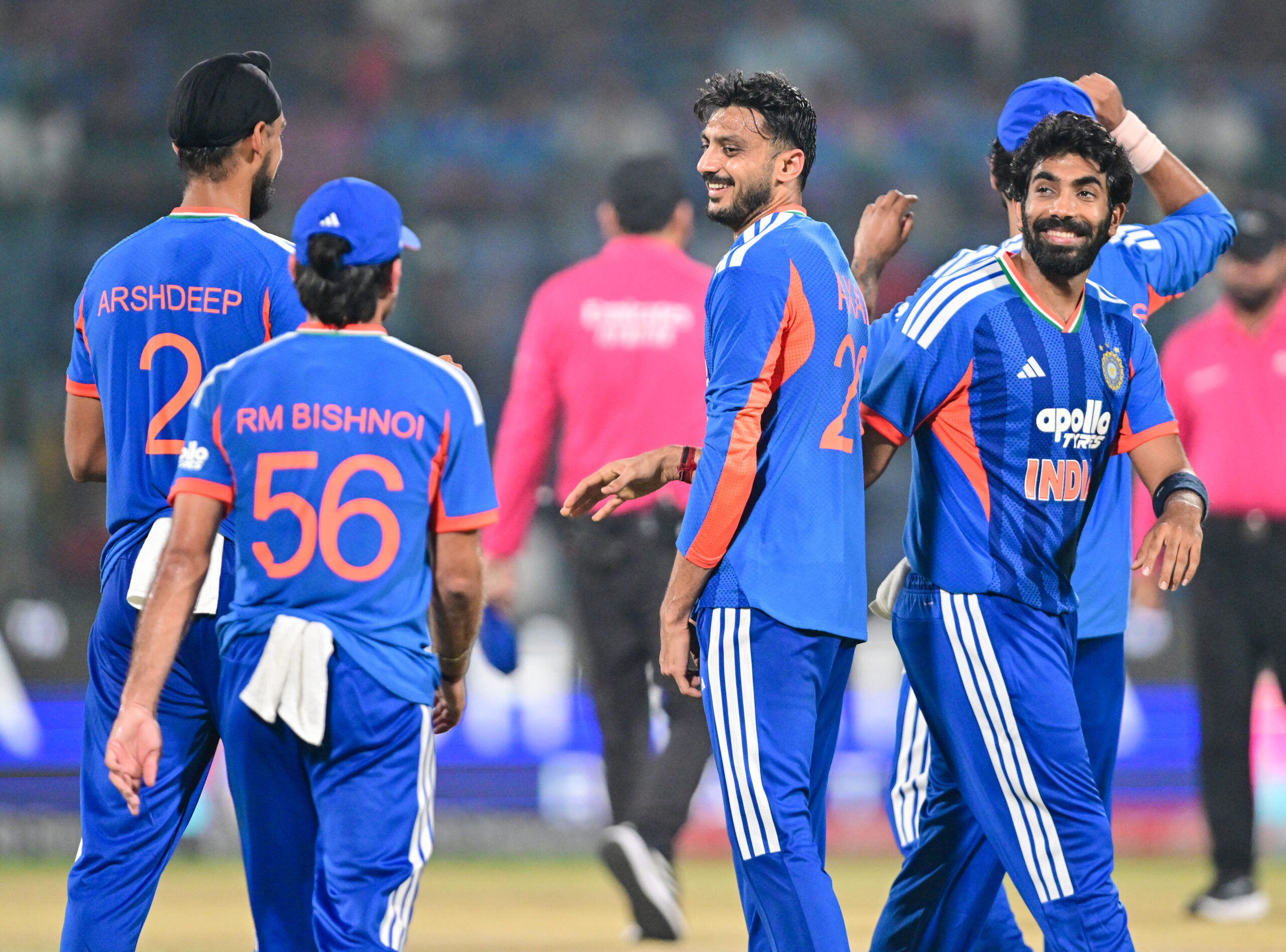 New Delhi: India's Axar Patel celebrates with teammates after taking the wicket of Afghanistan's Azmatullah Omarzai during the second T20I match between India and Afghanistan at Arun Jaitley Stadium in New Delhi on Tuesday, September 15, 2026. (Photo: IANS/Kamal Kishore)