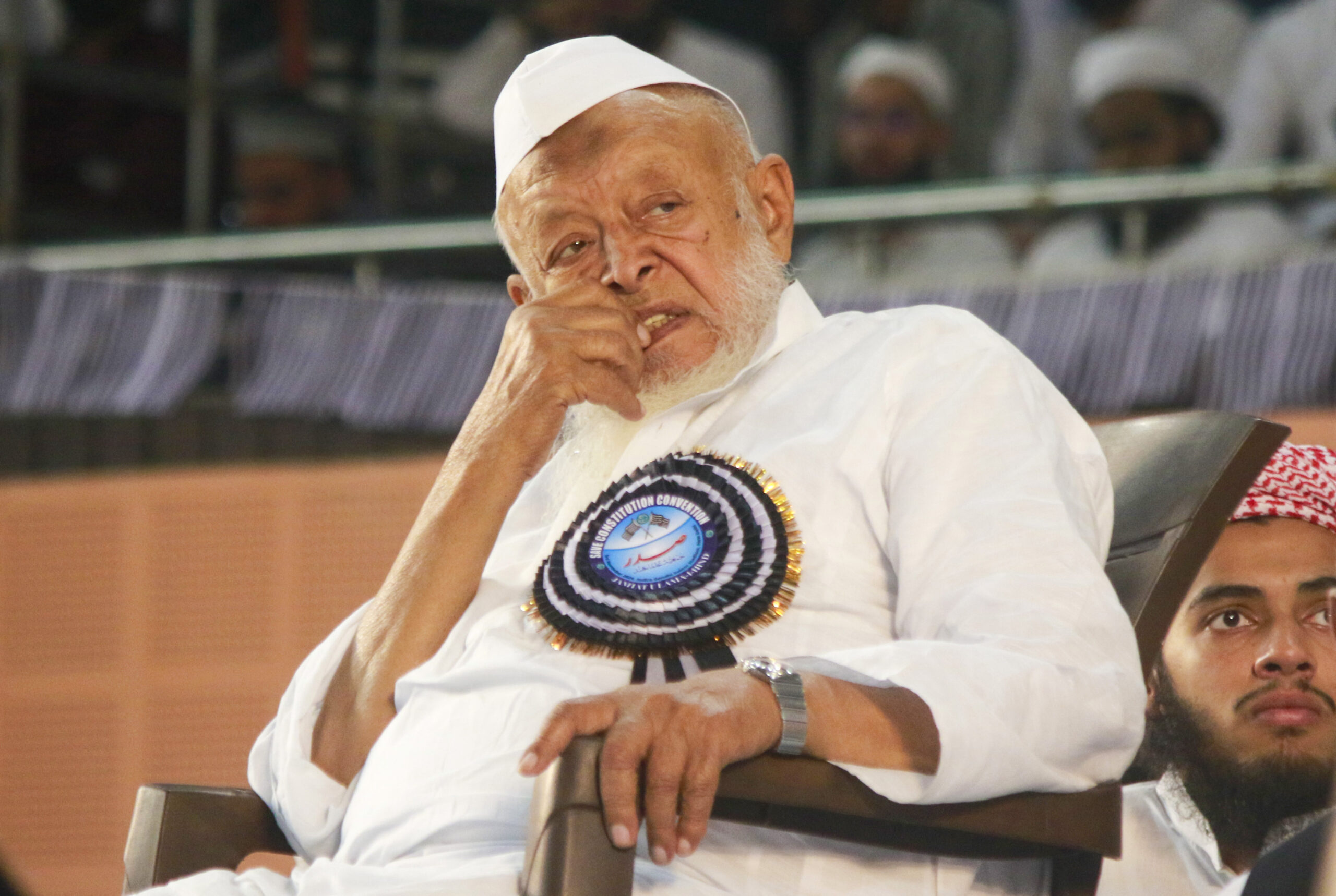 New Delhi: President of the Jamiat Ulama-e-Hind Maulana Arshad Madani during the 'Constitution Protection Conference' organized by the Jamiat Ulama-e-Hind at Indira Gandhi Indoor Stadium in New Delhi on Sunday 03, November 2024. (Photo: IANS/Qamar Sibtain)