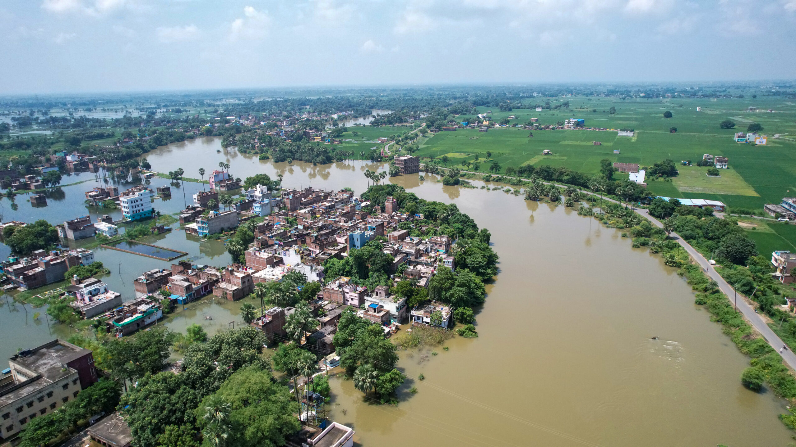 Patna: An aerial view of the partially submerged Punpun area following a rise in the water level of the Punpun River, in Patna, Bihar, on Tuesday, September 8, 2026. (Photo: IANS)