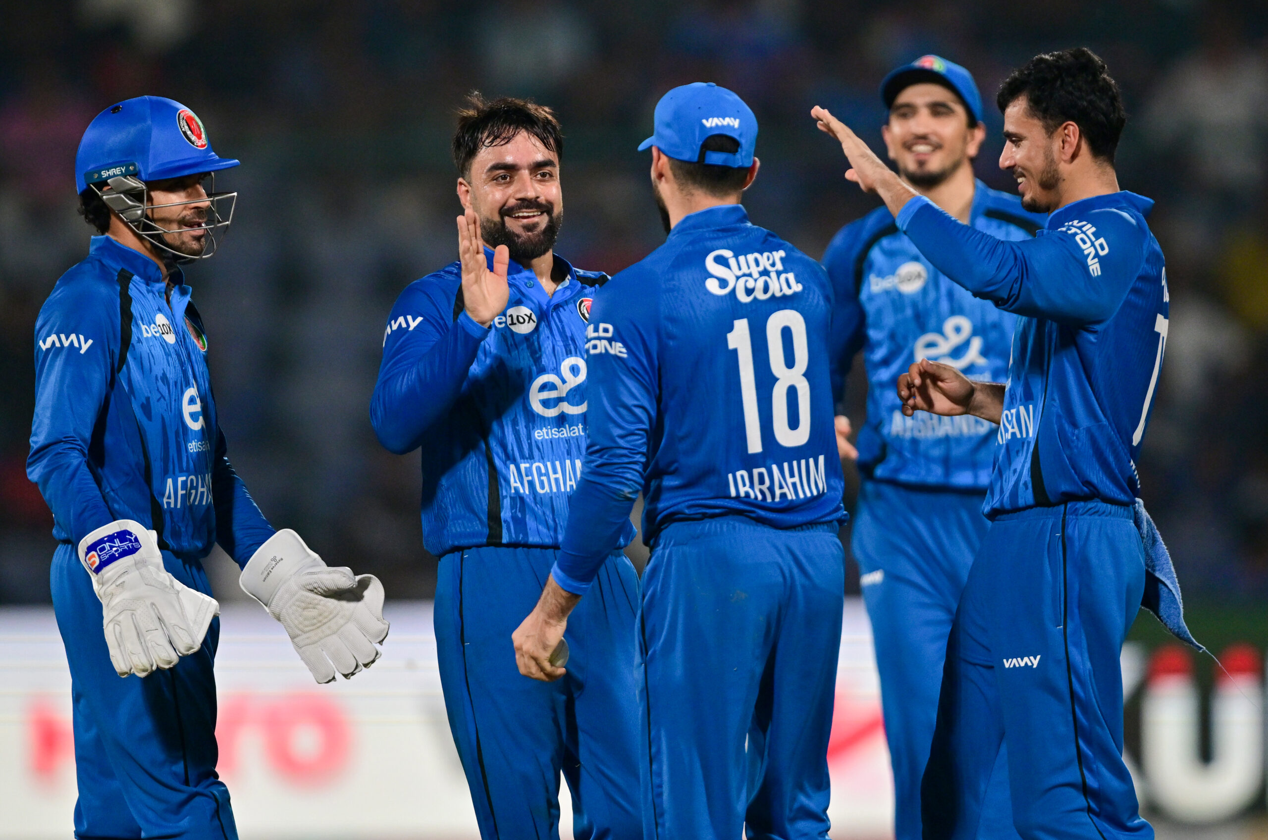 New Delhi: Afghanistan's Rashid Khan celebrates with teammates after taking the wicket of India's captain Shreyas Iyer during the second T20I match between India and Afghanistan at Arun Jaitley Stadium in New Delhi on Tuesday, September 15, 2026. (Photo: IANS/Kamal Kishore)