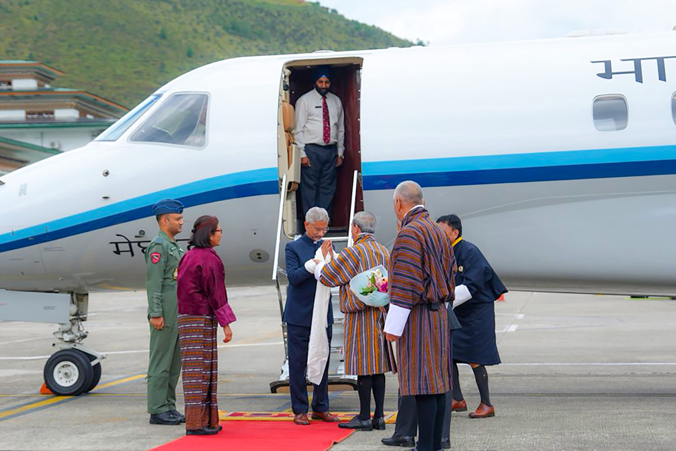 Paro: External Affairs Minister S. Jaishankar receives a warm welcome from Bhutanese Foreign Minister D. N. Dhungyel,  upon his arrival in Paro, Bhutan, Wednesday, September 16, 2026.(Photo: X/@DrSJaishankar)
