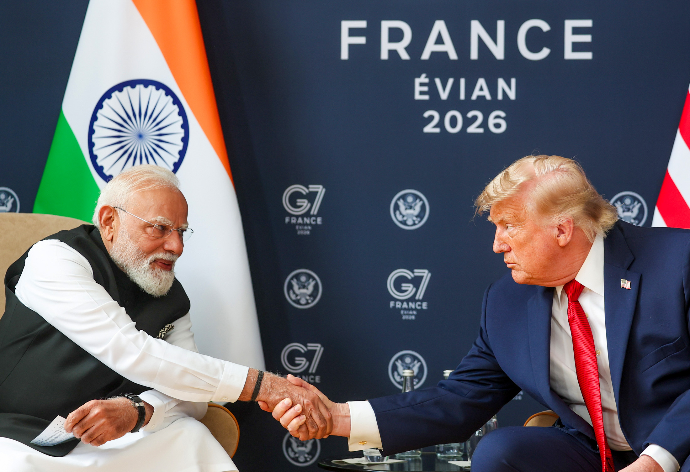 Evian: Prime Minister Narendra Modi and US President Donald Trump hold bilateral talks on the sidelines of the G7 Summit in Evian, France, on Wednesday, June 17, 2026. (Photo: IANS/PMO)