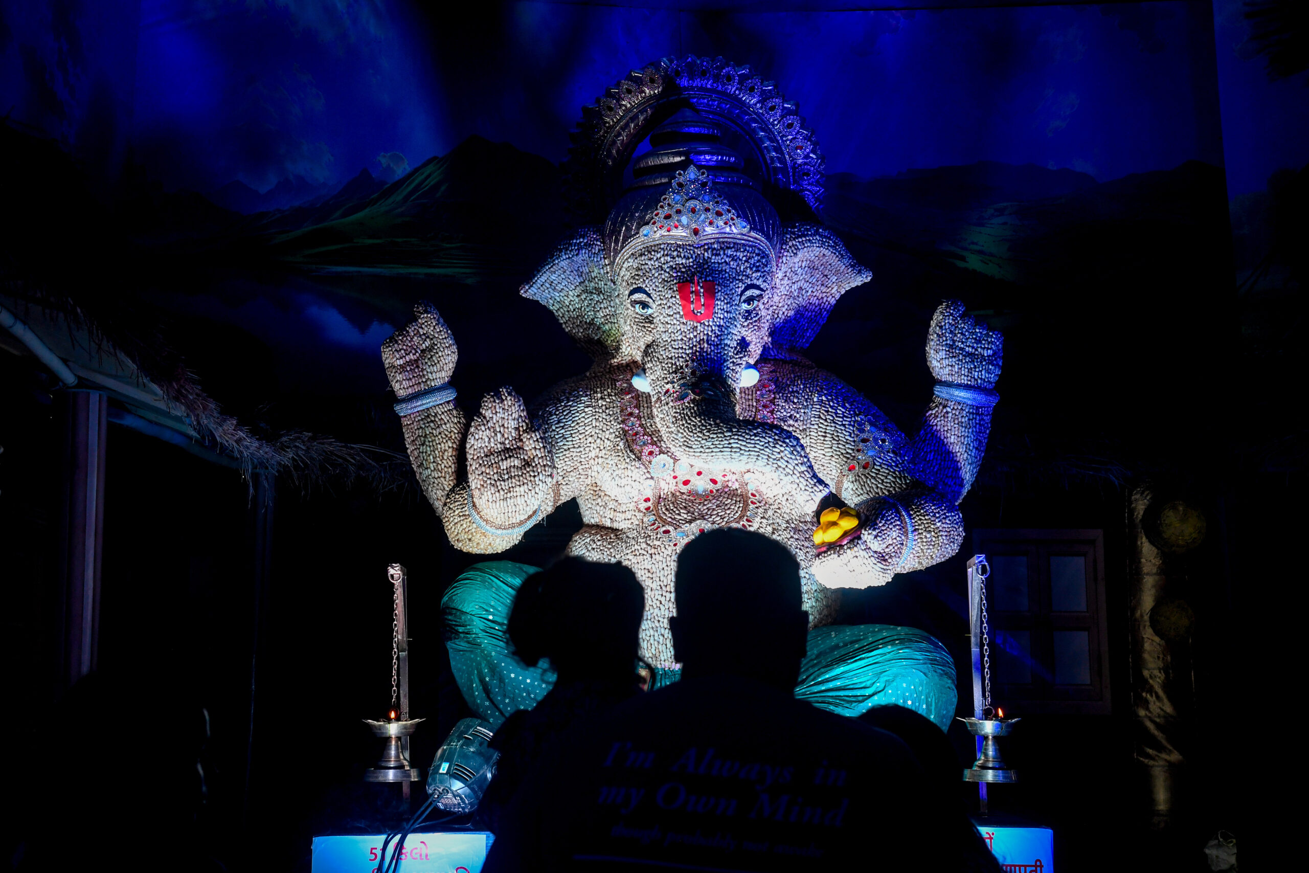Mumbai: A Peanut-themed Lord Ganesha idol is illuminated at a pandal during Ganesh Chaturthi celebrations in Mumbai on Thursday, September 17, 2026. (Photo: IANS)