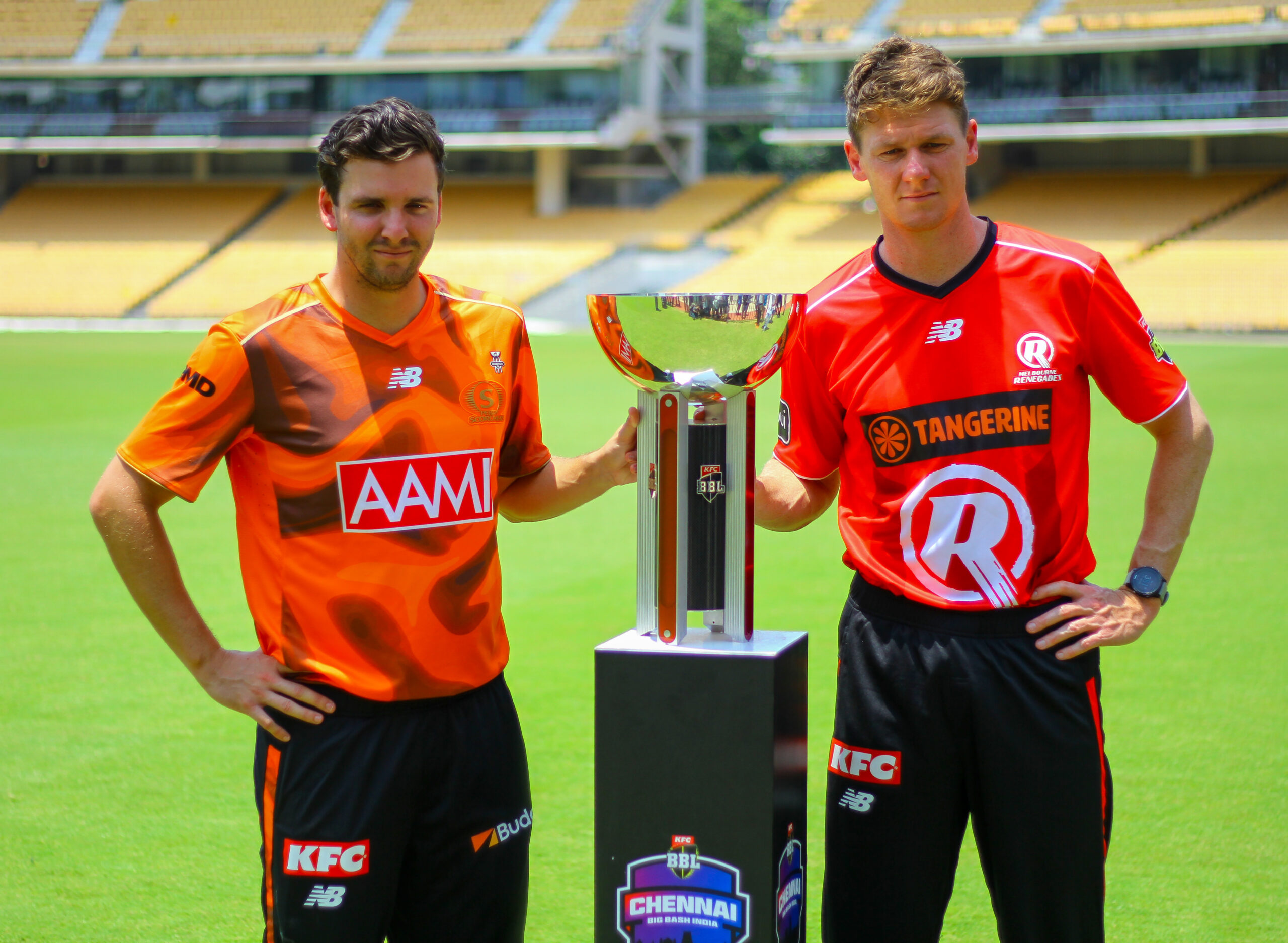 Chennai: Jhye Richardson, Brendan Doggett pose with BBL trophy #Gallery Chennai: Jhye Richardson, Brendan Doggett pose with BBL trophy #Gallery