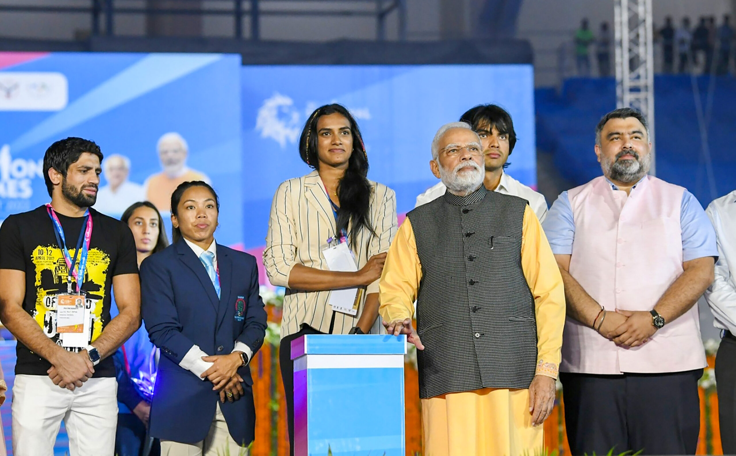 Ahmedabad: Prime Minister Narendra Modi along with Olympic medalists inaugurate the 36th National Games at Narendra Modi stadium in Ahmedabad on Thursday, Sept. 29, 2022. (Photo: PIB/IANS)