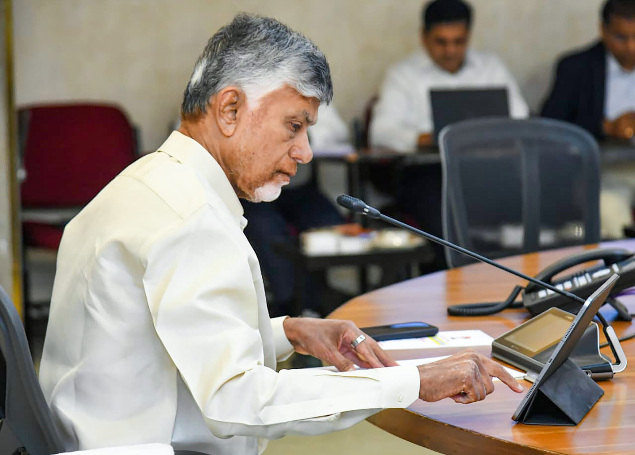 Amaravati: Andhra Pradesh Chief Minister N. Chandrababu Naidu addresses during the state Cabinet meeting at the Secretariat in Amaravati district of Andhra Pradesh on Friday, April 10, 2026. (Photo: IANS)