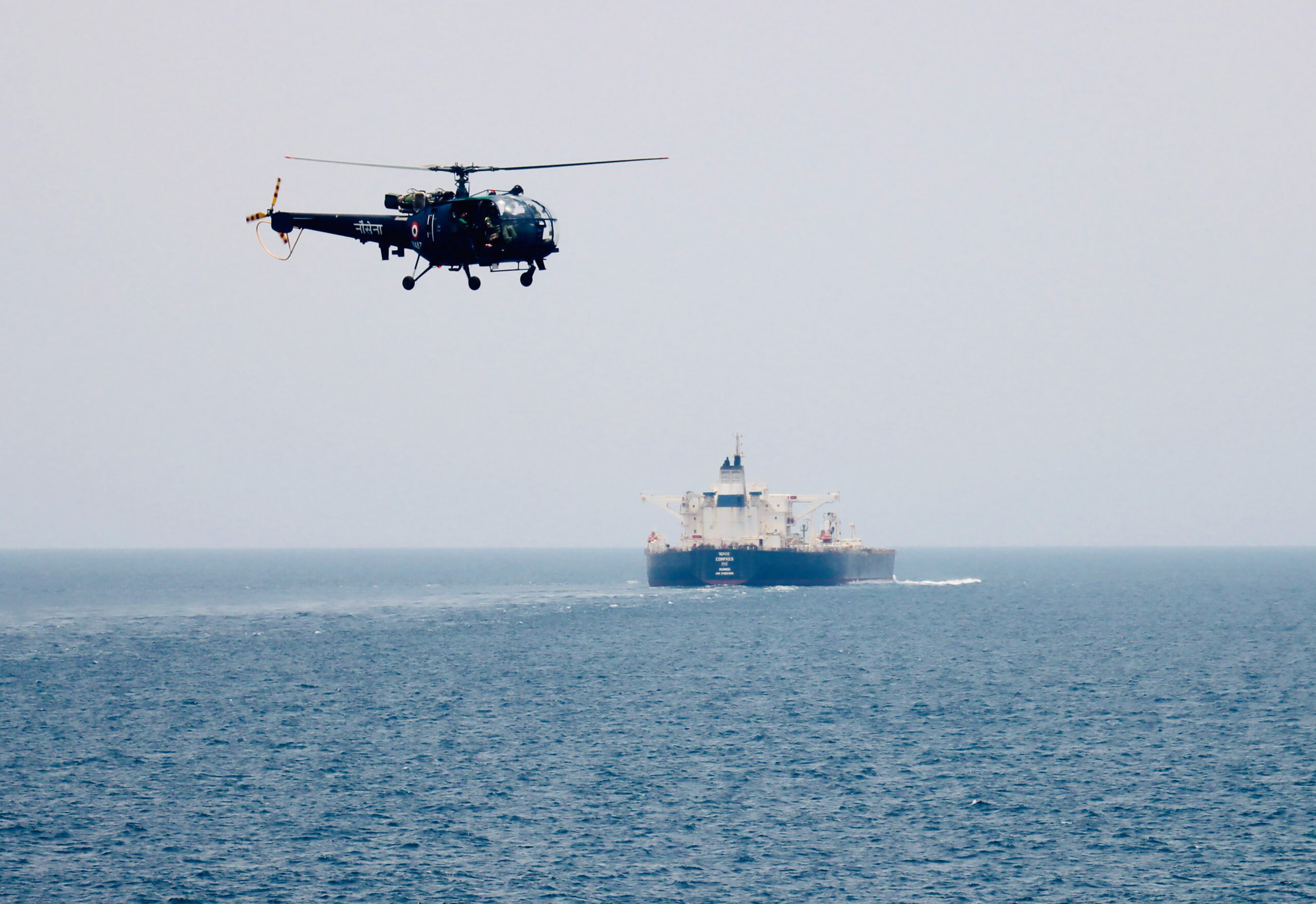 Mumbai: Indian Navy ships INS Trishul and INS Aditya escort crude oil tankers MT Compass and MT Thalatta for their safe transit through the high-risk Bab el-Mandeb Strait on August 9 and 10, 2026. (Photo: IANS/X/@IN_WNC)