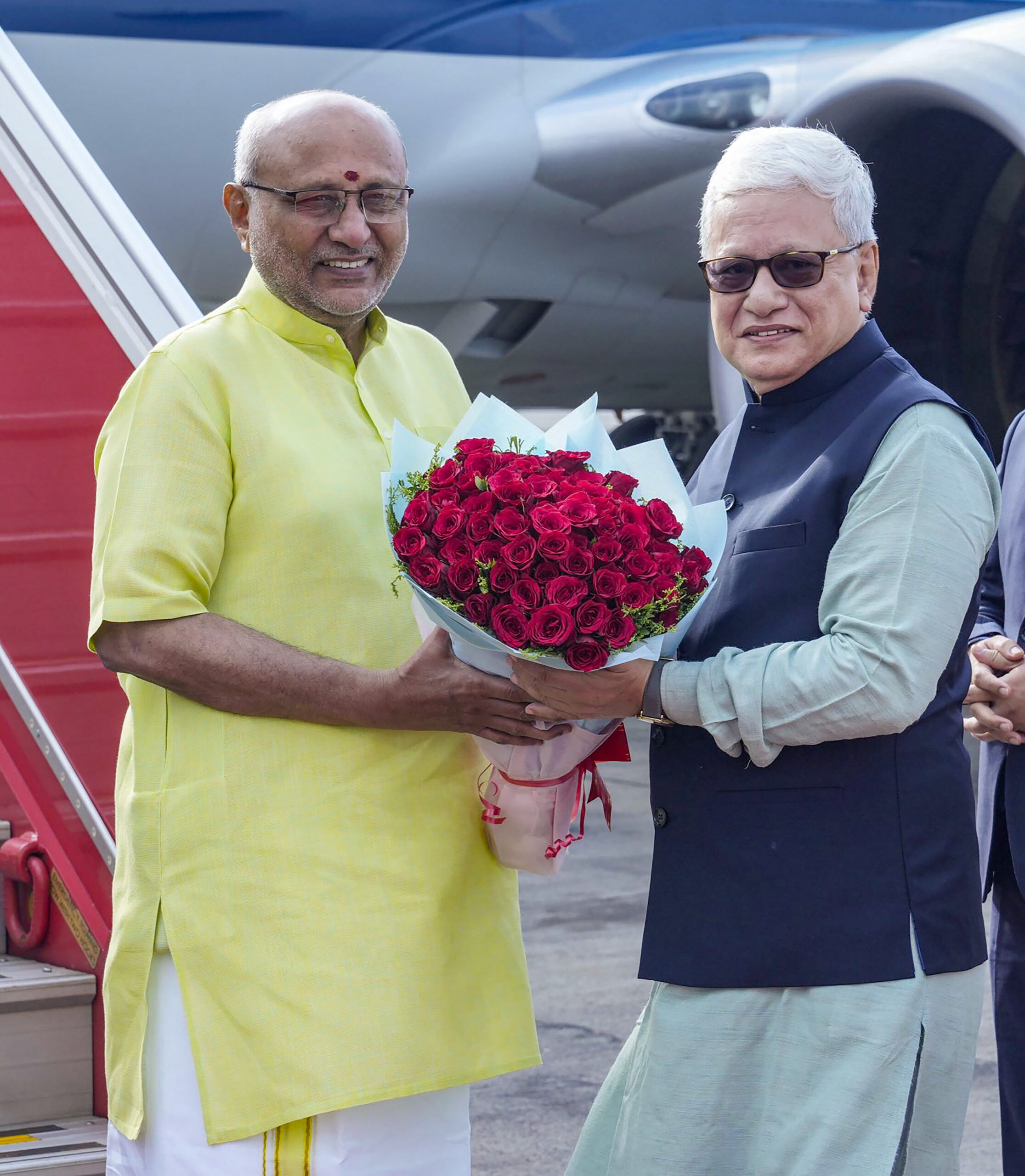 Mumbai: Vice-President of India C. P. Radhakrishnan being received by Maharashtra Governor Jishnu Dev Varma upon his arrival at Chhatrapati Shivaji Maharaj International Airport, in Mumbai, Maharashtra, on Friday, September 18, 2026. (Photo: IANS/X/@VPIndia)